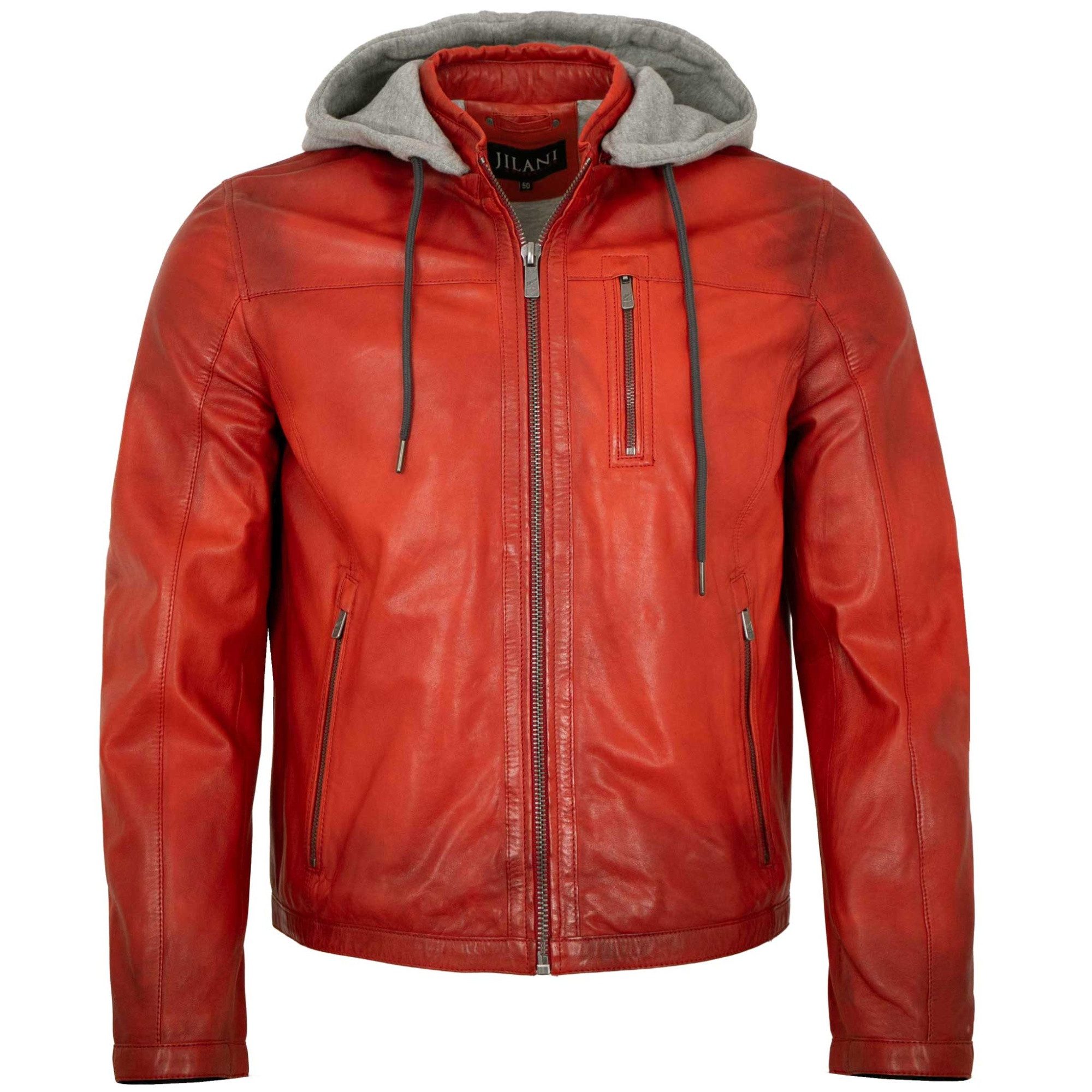 Jilani Lederjacke Cody Jilani - Herren Lederjacke Kapuze Lammnappa rot