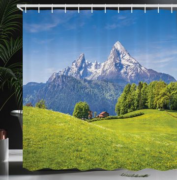 Abakuhaus Duschvorhang Moderner Digitaldruck mit 12 Haken auf Stoff Wasser Resistent Breite 175 cm, Höhe 180 cm, Berg Alpen mit Wiese Flora