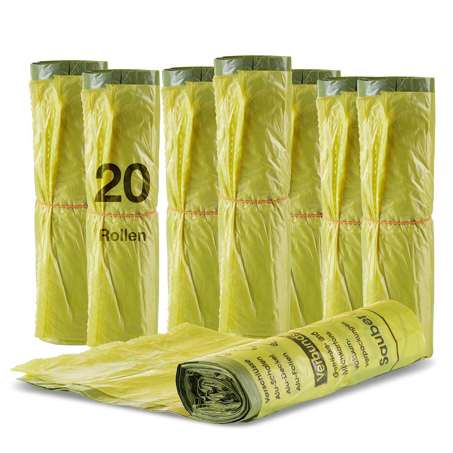 BigDean Müllbeutel 20 Rollen (260 Säcke) 90 L HDPE Gelb ca. 60x87 cm plus 5cm Umschlag, Zubehör für Recycling, Reißfest, Mit Zugband, 90L