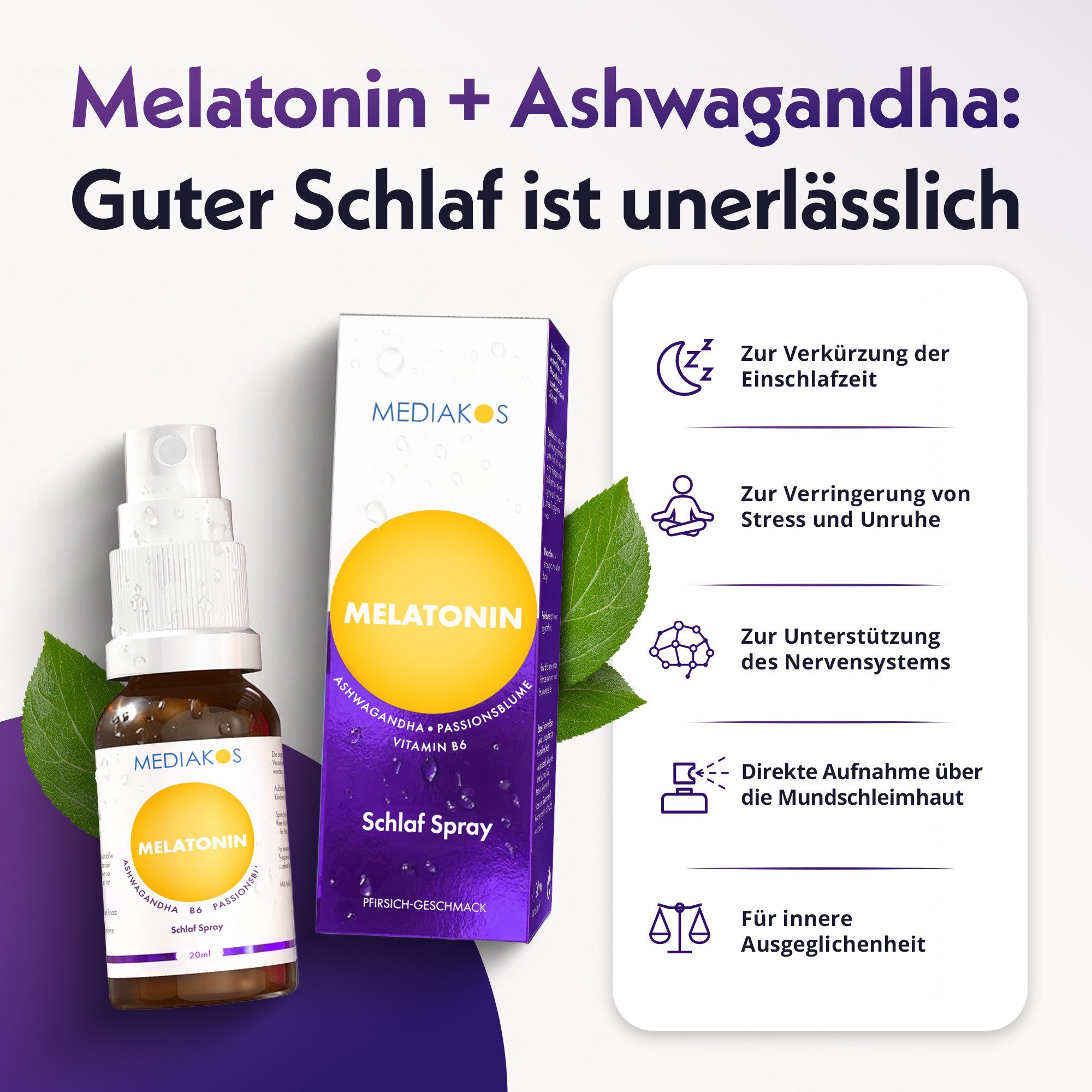 Mediakos Mediakos Melatonin Ashwagandha Schlaf Spray, mit Vitamin B6 und Passionsblume – schneller einschlafen, besser durchschlafen – Vegan à 60 ml