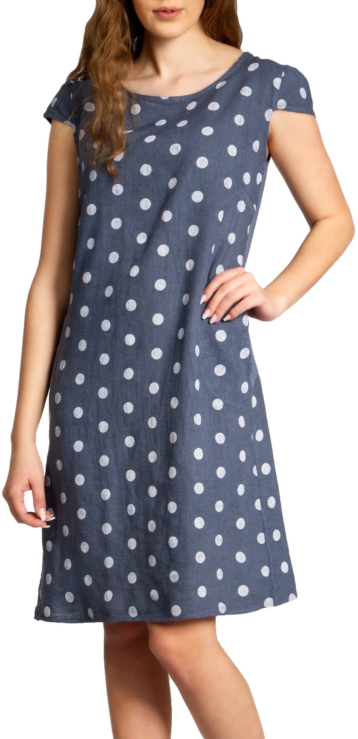 Sommerkleid SKL024 knielanges Damen Sommer Leinenkleid mit Punkte Print
