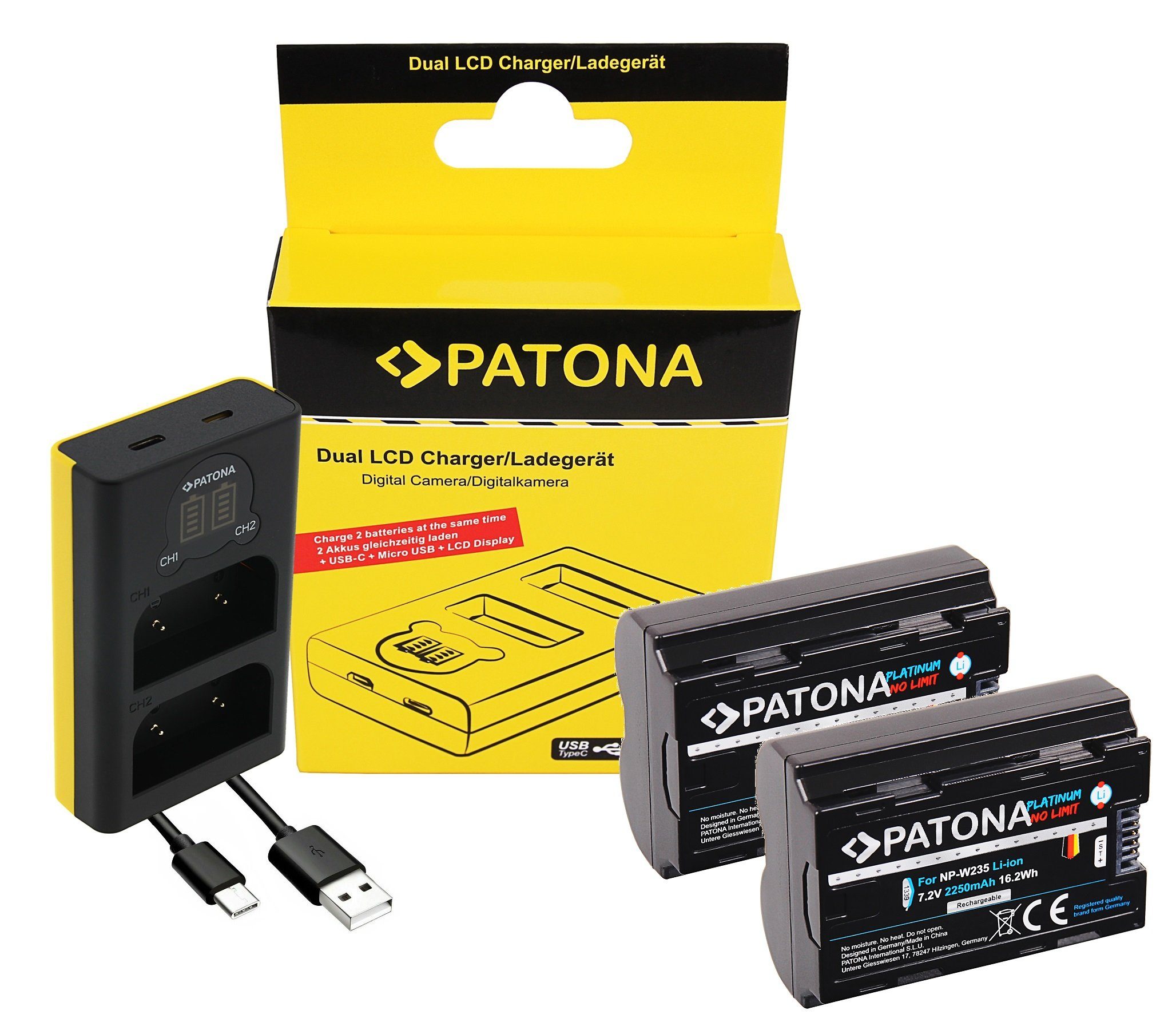 mit Fujifilm Patona XT4 für X-T4 2250 Ladegerät Akku Dual Ladegerät 2 die NP-W235 Anschluss + USB-C USB-C mAh, Kamera-Akku