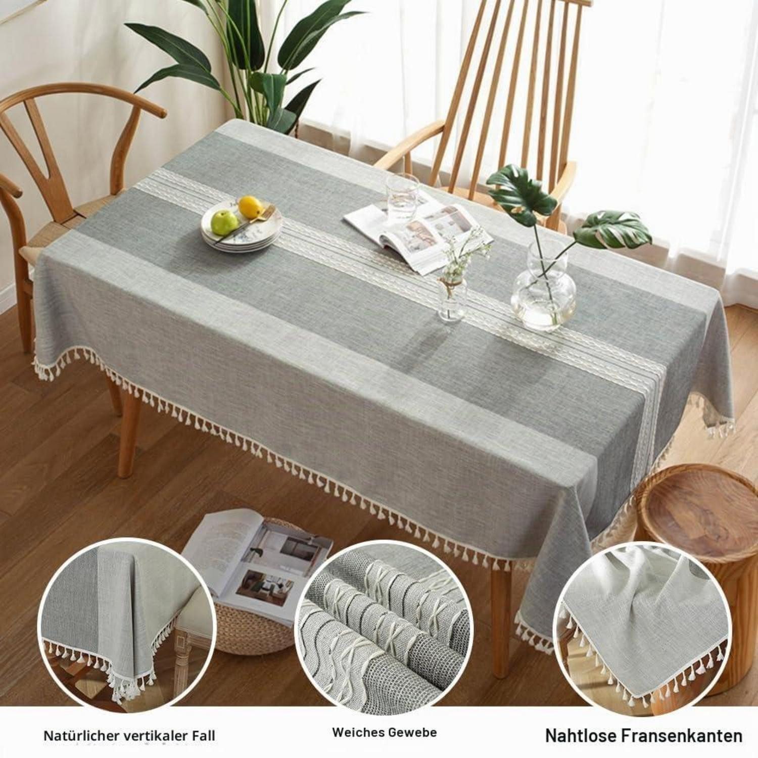 LuxusKollektion Tischdecke Tischdecke Grau Gestreift 140x220cm mit Quasten (1-tlg)