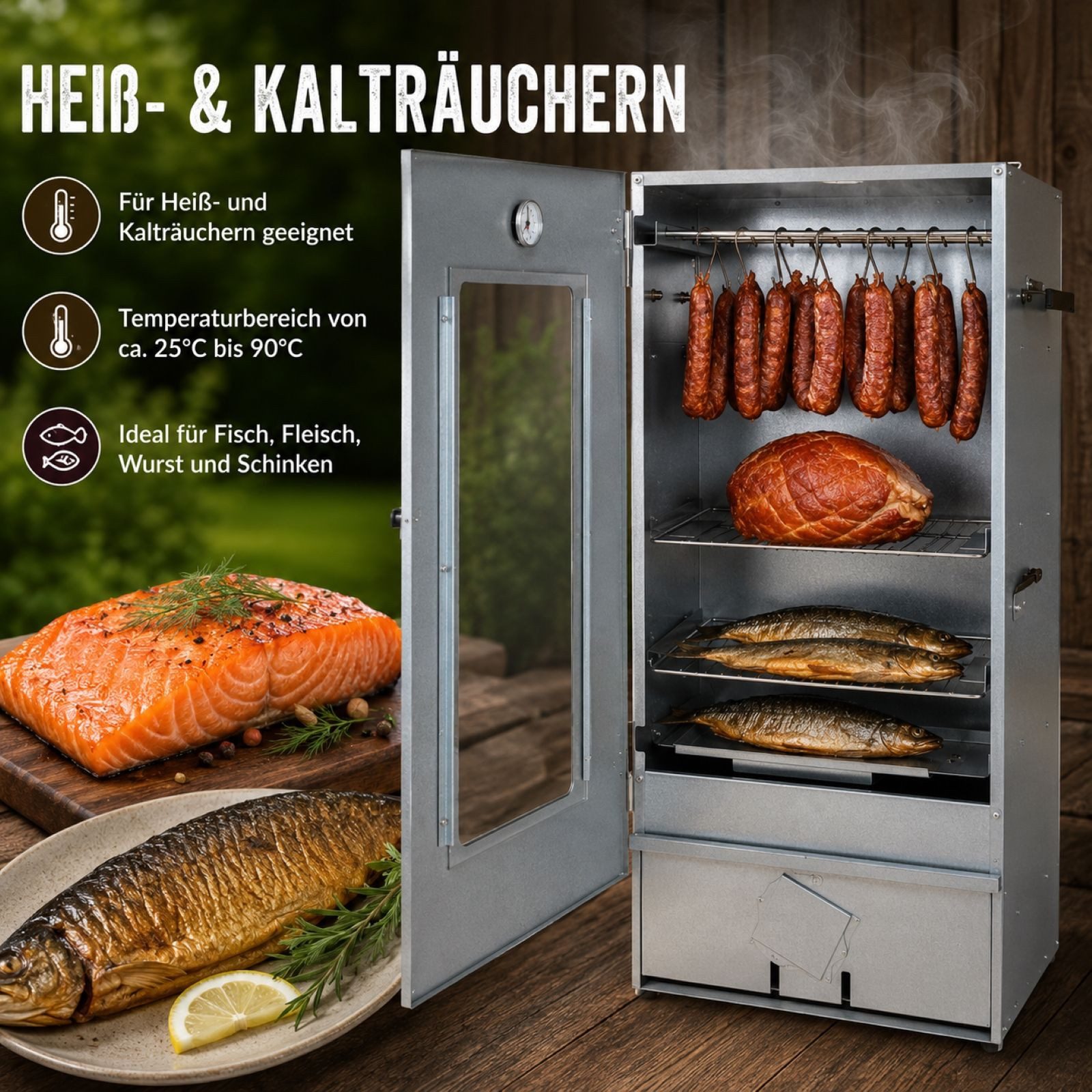 BURI Holzkohlegrill Räucherofen Räucherschrank mit Zubehör Kalt- & Heißräuchern – Bild 3 von 5