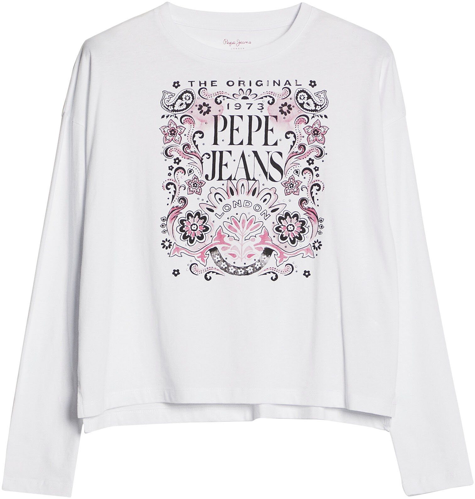 Pepe Jeans großem, mit Langarmshirt weiß floralem LULU Frontprint