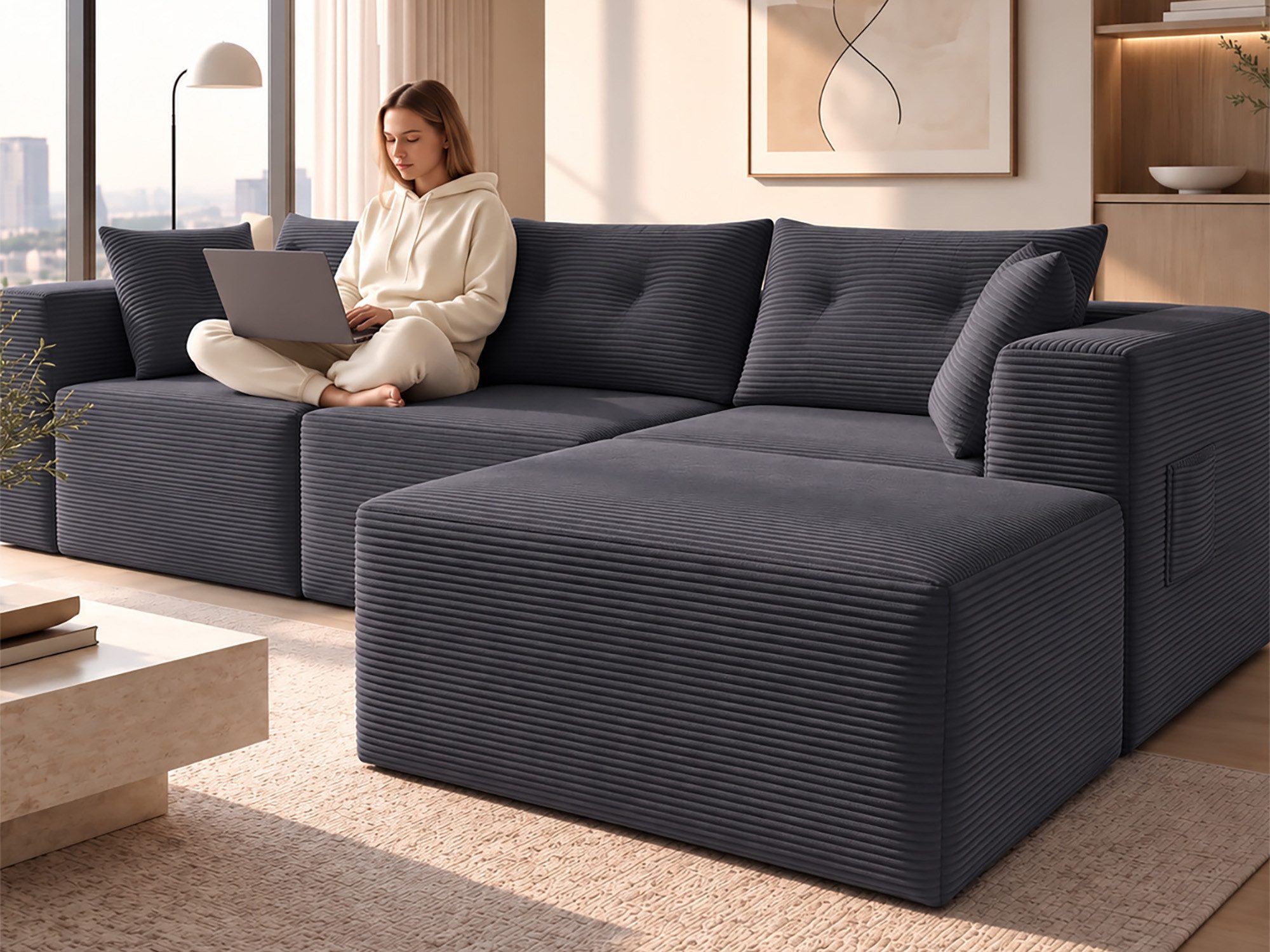GLP Sofa Ecksofa aus Cord mit Taschenfederkern, 254 cm, 70 cm Sitztiefe, 3-Sitzer mit Hocker und 5 Kissen, 4 flexibel kombinierbare Module, kein Aufbau erforderlich, kompakt für Wohnzimmer, Schlafzimmer