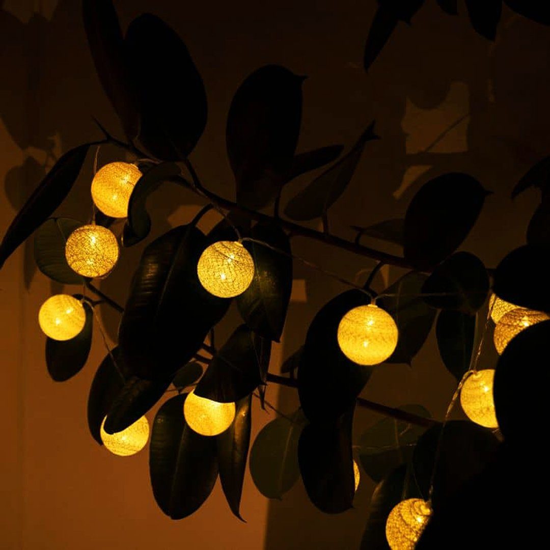 Deko LED-Lichterkette 20-flammig, Kugeln K&L Farbton Cotton Lichterkette Gelb Ball aus LED Art Wall 20 Gold Kinderzimmer Silber Baumwolle,