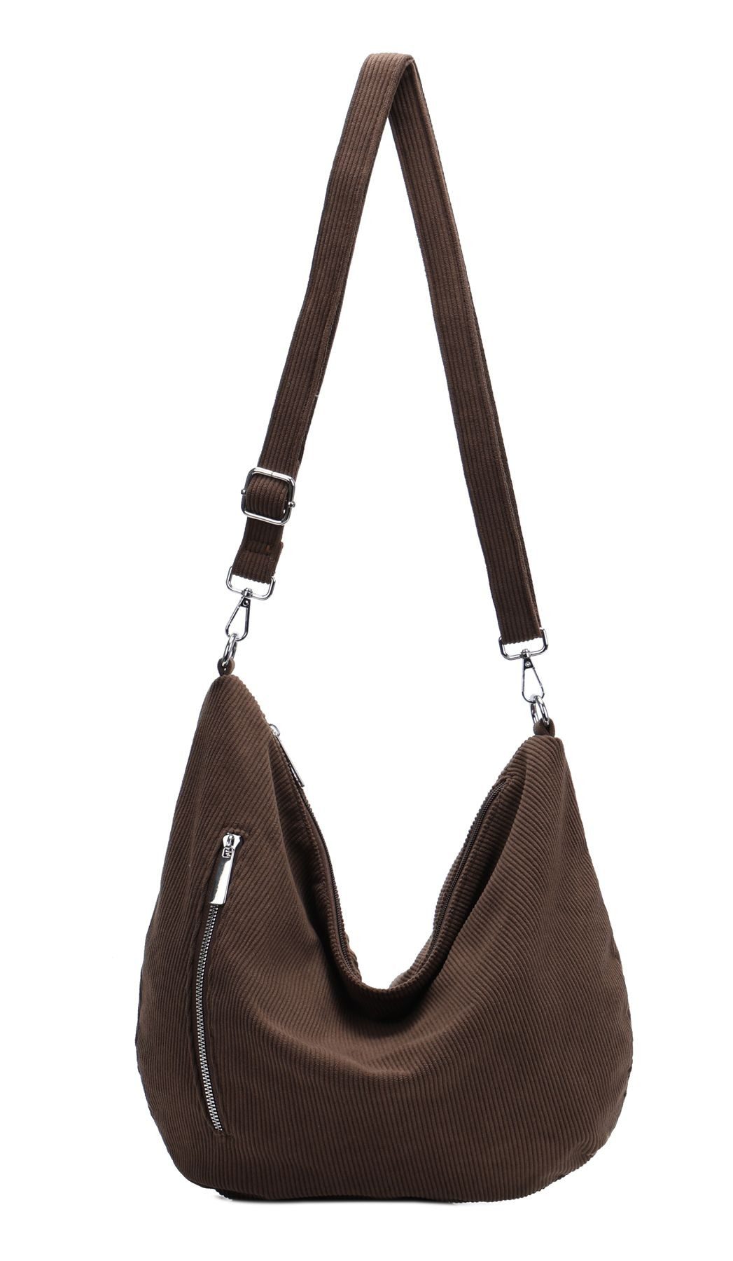 ITALYSHOP24 Schultertasche Damen Halbmond Tasche aus Cord CrossOver Body Bag Umhängetasche, Runde Cordtasche Asymmetrisches MOON Brust Slingtasche Wildlederoptik