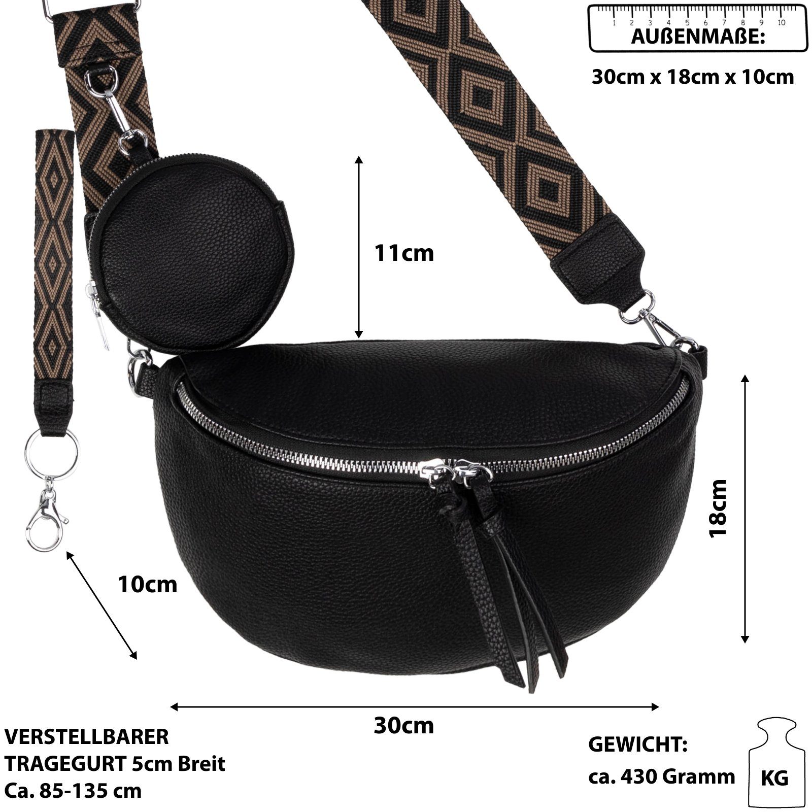 EAAKIE Gürteltasche Bauchtasche Umhängetasche Crossbody-Bag Kunstleder Italy-Design, als Schultertasche, CrossOver, Umhängetasche tragbar