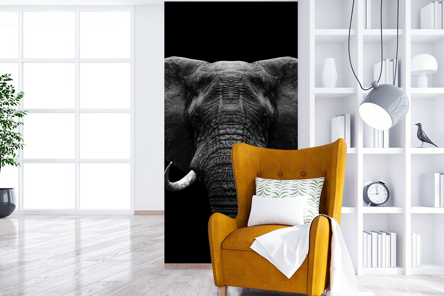 Matt, Fototapete (2 Schlafzimmer Tiere Weiß, Wohnzimmer Porträt - Schwarz - - Küche, Elefant bedruckt, St), MuchoWow Fototapete Vliestapete für -