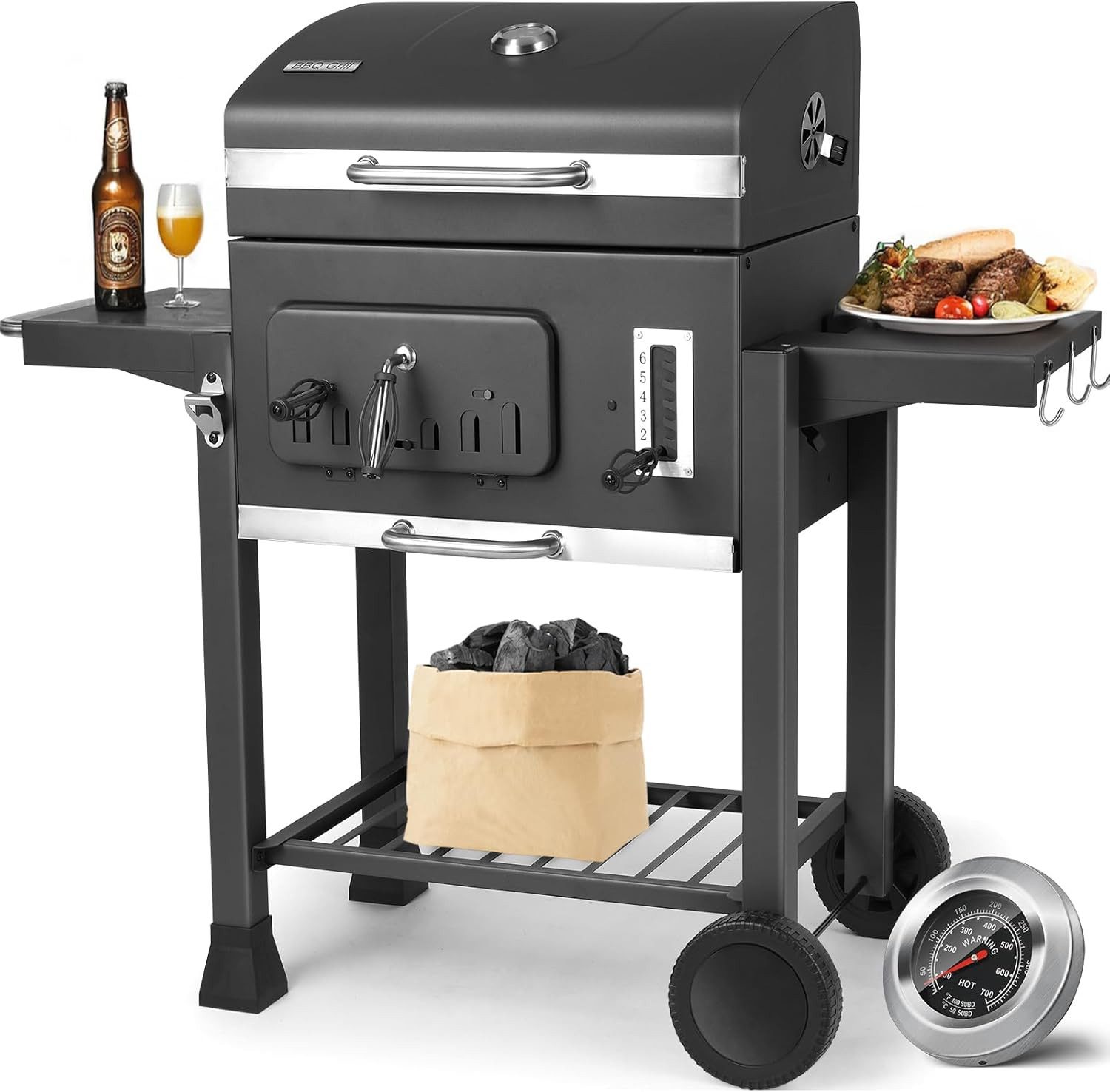 TLGREEN Holzkohlegrill Grillwagen XXL, kohlegrill groß, BBQ Grill für camping, Edelstahl-Griff, Коптильни Grill, BBQ Grill für camping und Garten
