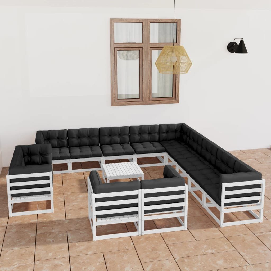 Garten-Lounge-Set 14-tlg. Weiß Kissen mit Massivholz Gartenlounge-Set Kiefer, vidaXL (1-tlg)