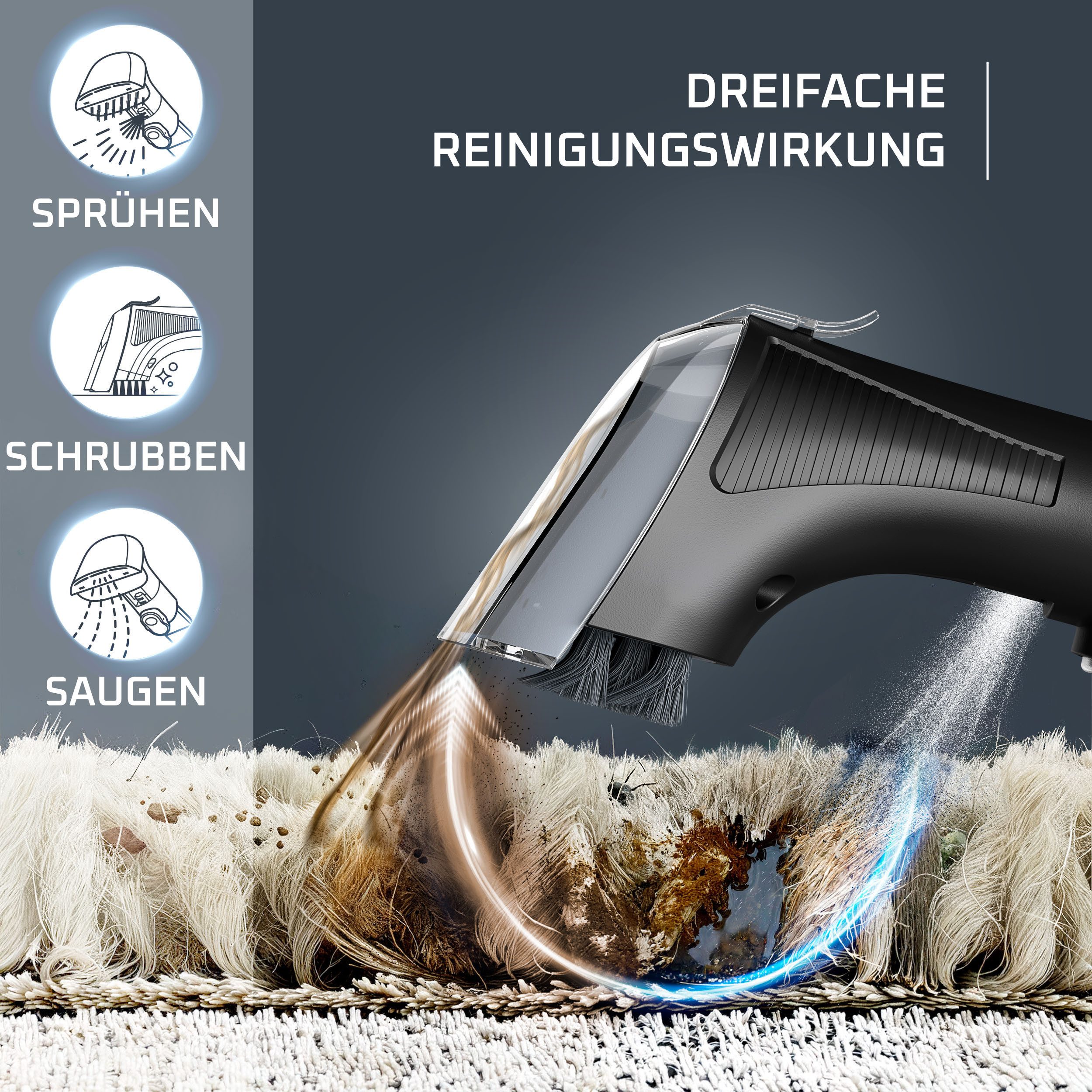 Rowenta Teppichreinigungsgerät Fleckenentferner IN7020, Clean It Hot & Cold, 1150 W, beutellos, PowerHeat 60 °C, 2,3 l/1,5 l Tanks, Auto‑Clean, Schmutzfänger-Au – Bild 5 von 5
