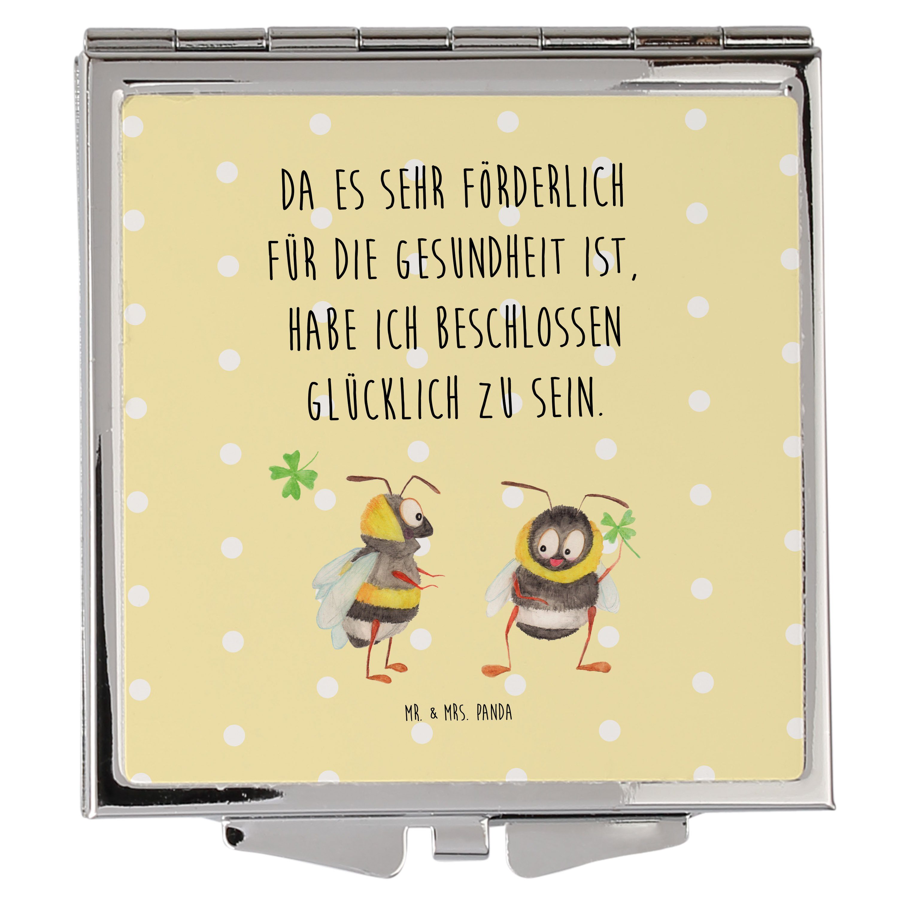 Mr. & Mrs. Panda Kosmetikspiegel Hummeln mit Kleeblatt - Gelb Pastell - Geschenk, Quadrat, Tiere, Gute (1-St)