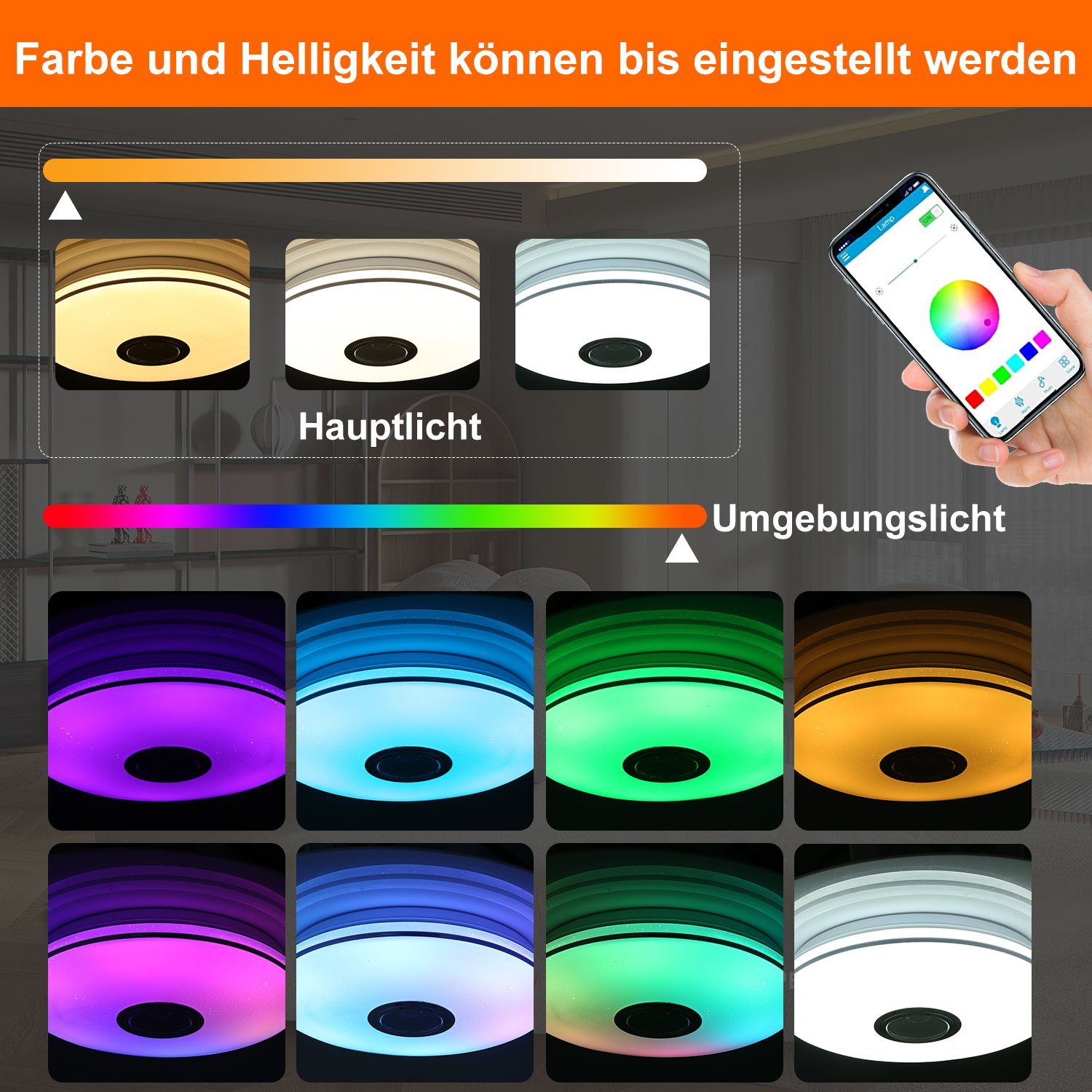 oyajia LED Deckenleuchte LED Deckenlampe mit Bluetooth Lautsprecher, RGB Dimmbar, LED fest integriert, 3000K-6000K-4500K-Nachtlicht-RGB, Dimmbar mit Fernbedienung,für Schlafzimmer/Wohnzimmer/Badezimmer/Küche