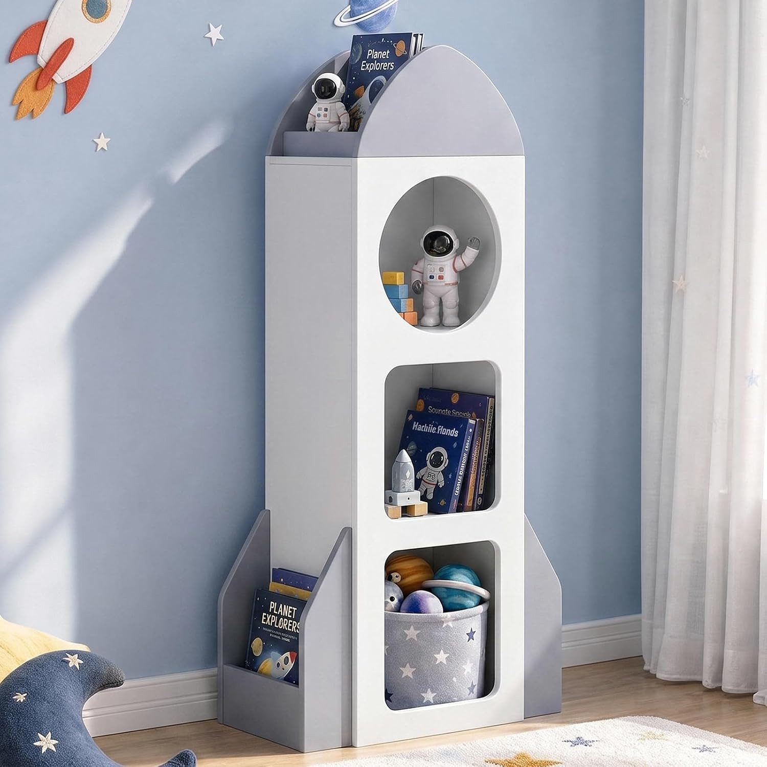TLGREEN Bücherregal Kinderregal Spielzeugablage,120×60×31 cm, Mit 3 Ebenen 2 Seitenregalen für Kinderzimmer, Bücherregal Kinder