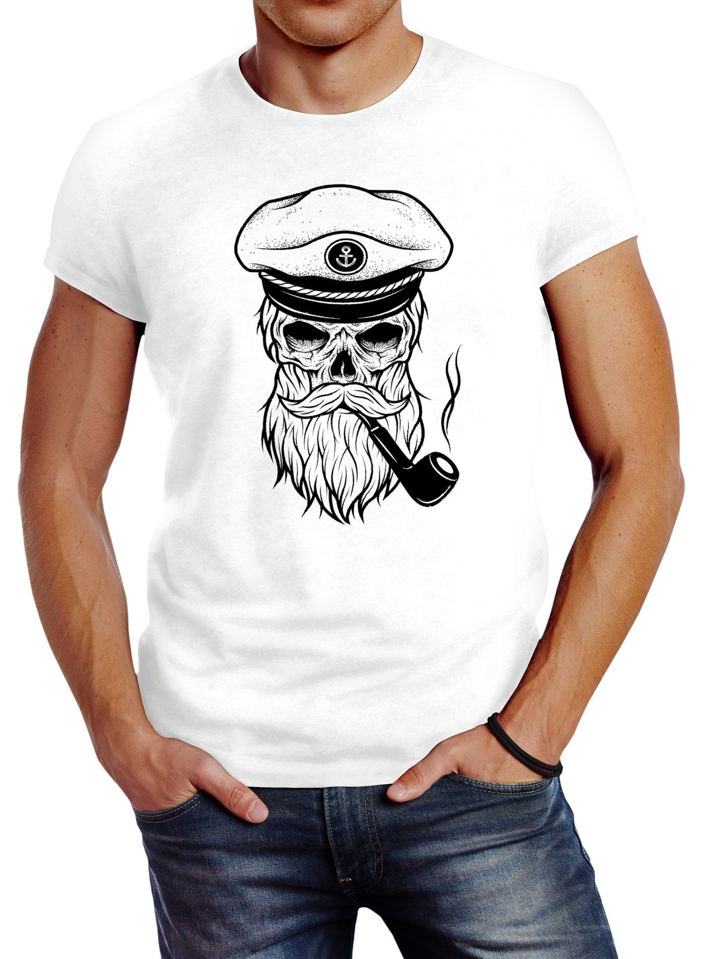 Neverless Print-Shirt Herren T-Shirt Totenkopf Kapitän Captain Skull Hipster Slim Fit Neverless® mit Print weiß