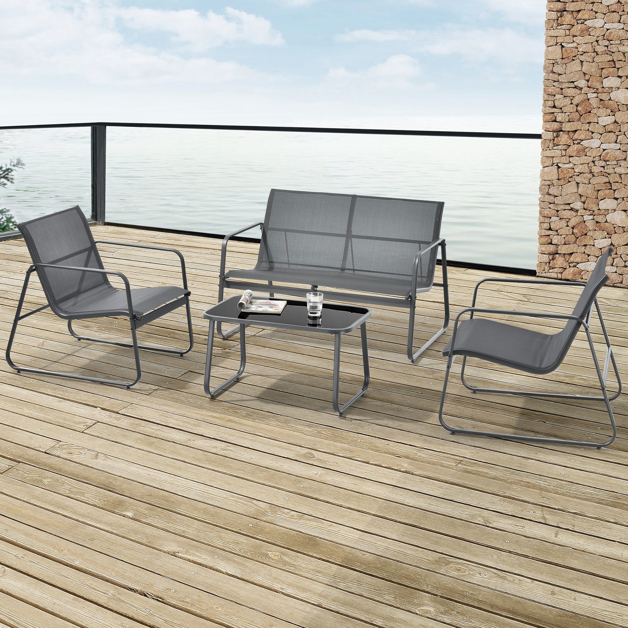 en.casa Gartenlounge-Set, Palencia 4-tlg. Gartengarnitur Schwarz/Dunkelgrau