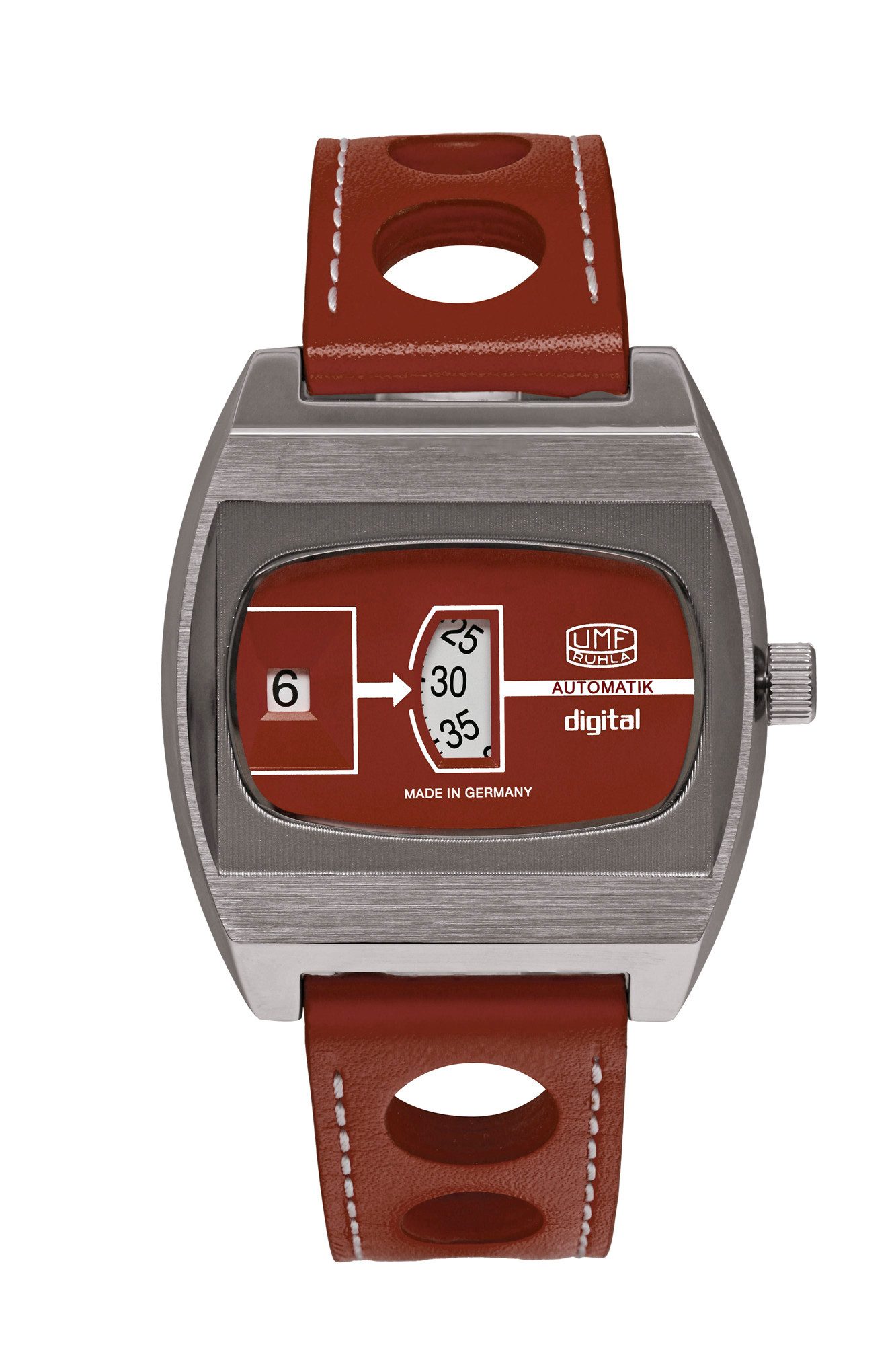 UMF Ruhla Automatikuhr 1434-5, digitale Scheibenuhr in Rot „Jumping Hour" - mit Lederband, für Sammler und Liebhaber auffälliger Accessoires - Made in Germany