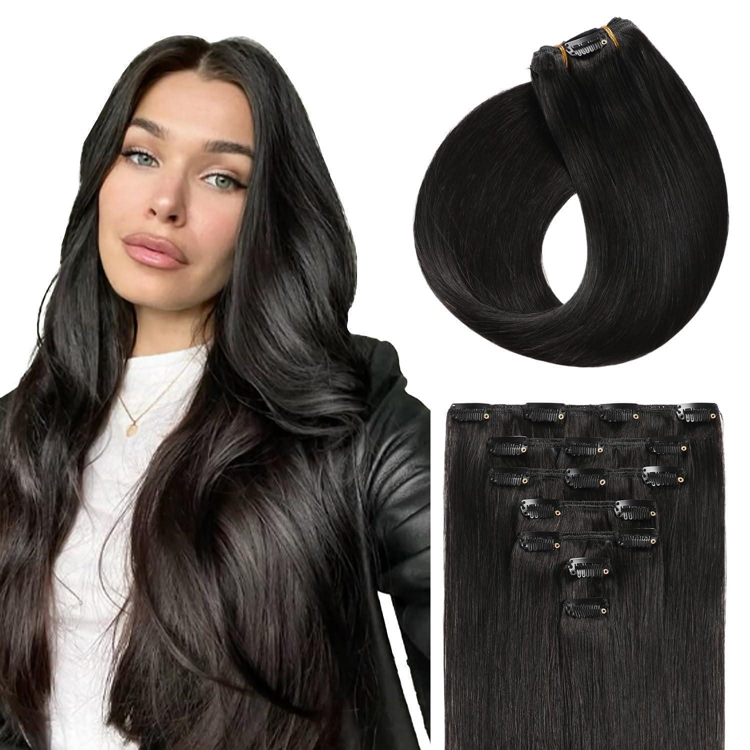 LuxusKollektion Echthaar-Extension Clip-In Extensions Echthaar 30 cm 7 Teile 70 g natürlich schwarz