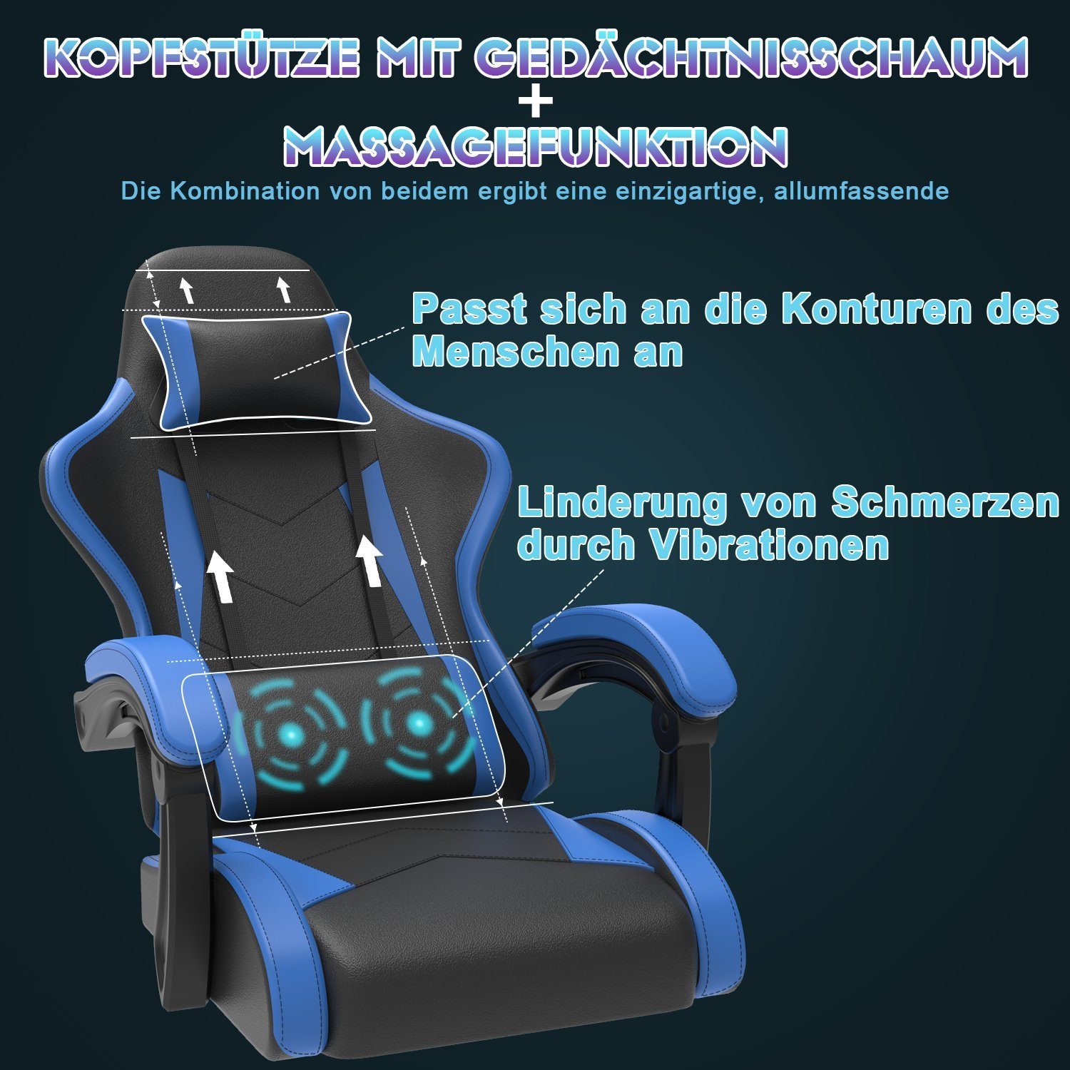 GUNJI Gaming Chair Massage einstellbar Blau Rückenlehne 90-135° Fußstütze, Stuhl Gaming mit