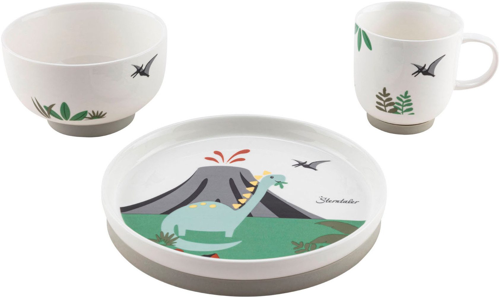 Sterntaler® Kindergeschirr-Set Dino Rexi (3-tlg), Porzellan, Silikon