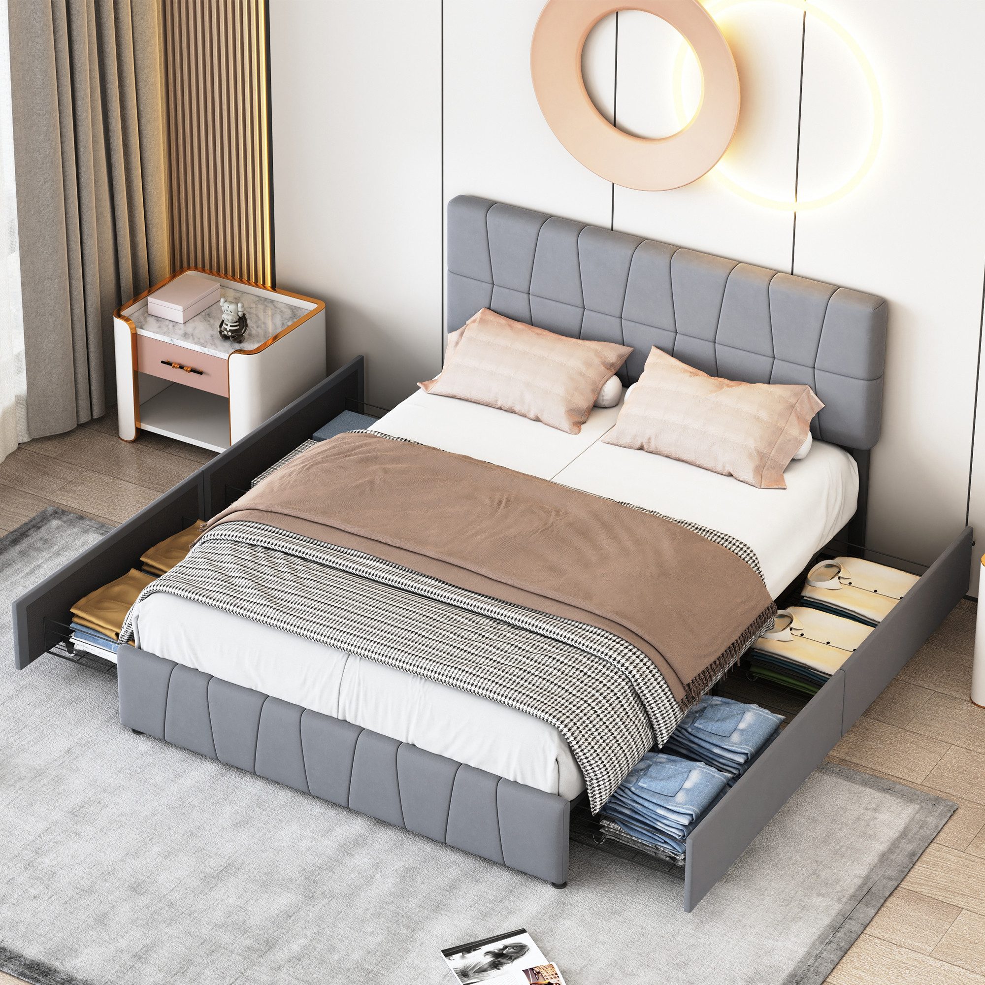 FUROKOY Polsterbett Doppelbett, Stauraumbett mit Kopfteil günstig online kaufen
