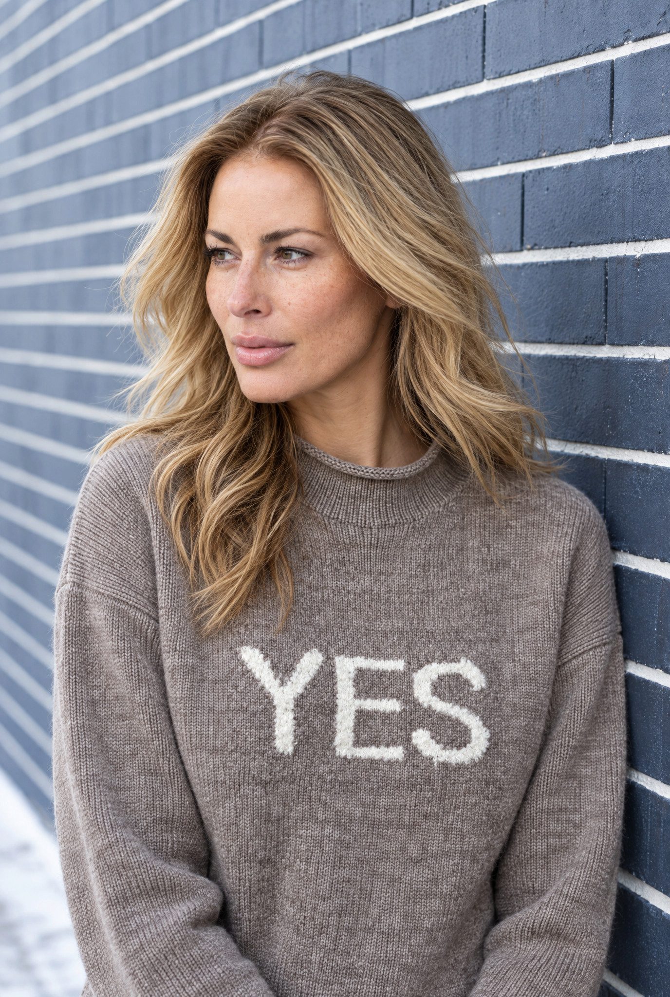 six-o-seven Strickpullover Damen Strickpullover Taupe YES Schriftzug Kaschmir Wolle Rundhals