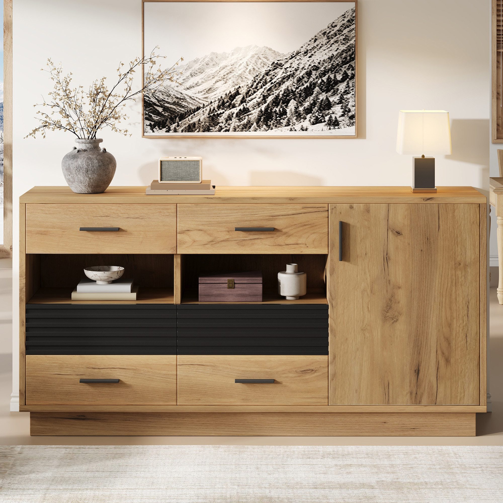 Merax Sideboard mit 6 Schubladen, 1 Tür & 12 Stauraumbereiche, 140x35x75cm (Wohnzimmerschrank Küchenbuffet Anrichte Buffetschrank, 1 St), …