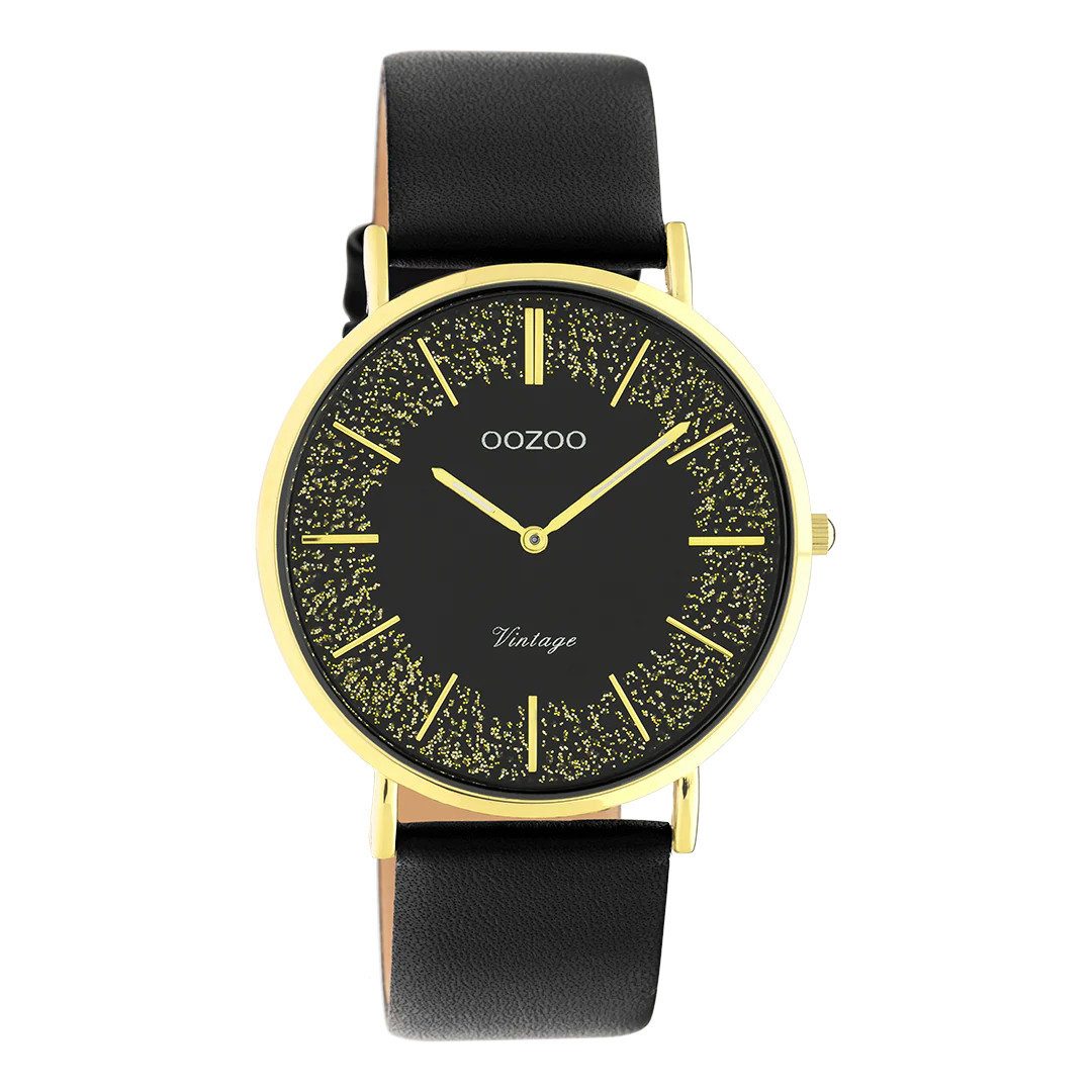 OOZOO Quarzuhr Vintage Damenuhr C20185 IP-Gold Glitzer Lederband Schwarz 40 günstig online kaufen