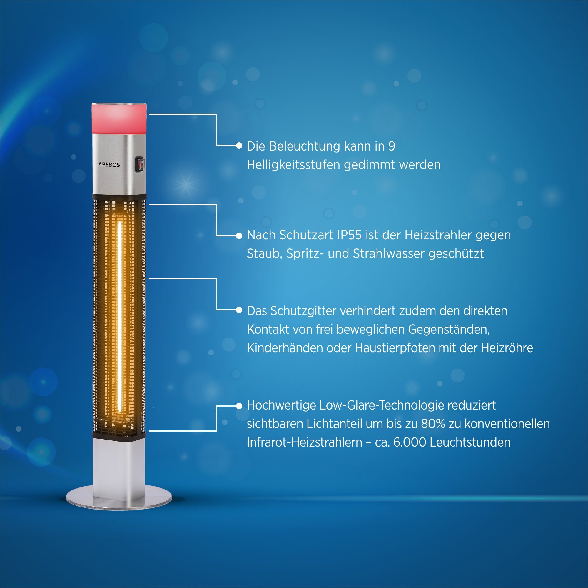 Arebos Heizstrahler 1500 Watt Stand, inkl.16 Farben, LED-Licht mit Fernbedienung, integrierte Kipp-Abschalter, LED, Low-Glare-Technik