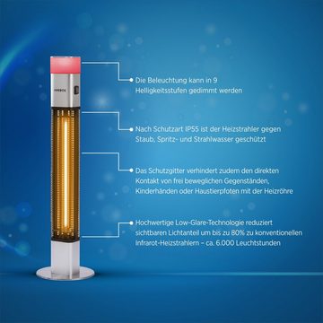 Arebos Heizstrahler 1500 Watt Stand, inkl.16 Farben, LED-Licht mit Fernbedienung, integrierte Kipp-Abschalter, LED, Low-Glare-Technik