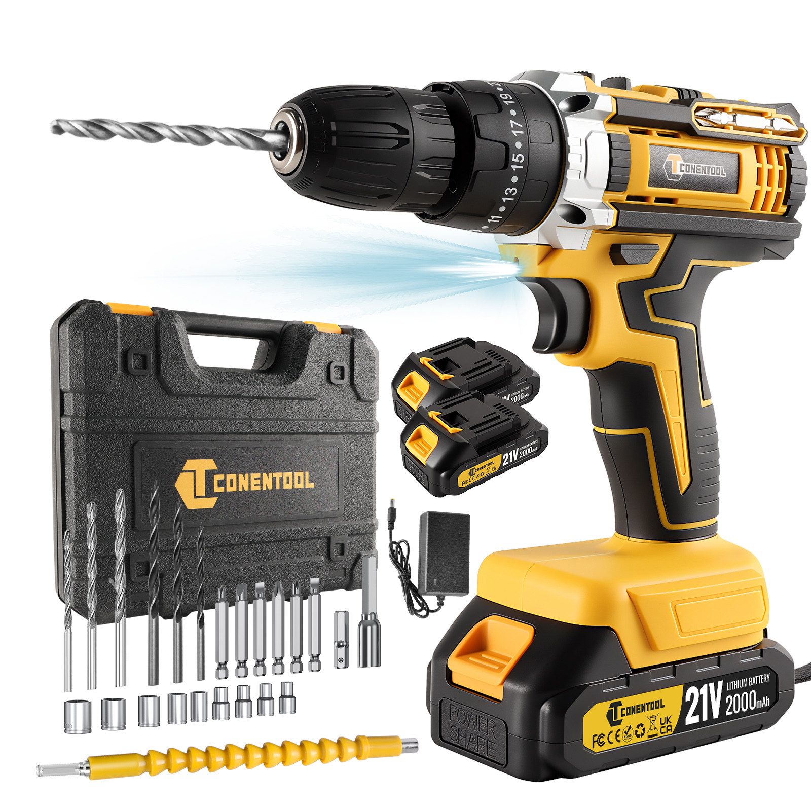 CONENTOOL Akku-Bohrschrauber 21V Akkuschrauber Set, 2 Geschwindigkeiten, max. 1850 U/min, (Set, 24-tlg), mit 2×2000mAh Akkus, Akku Werkzeug: Leicht & Stark