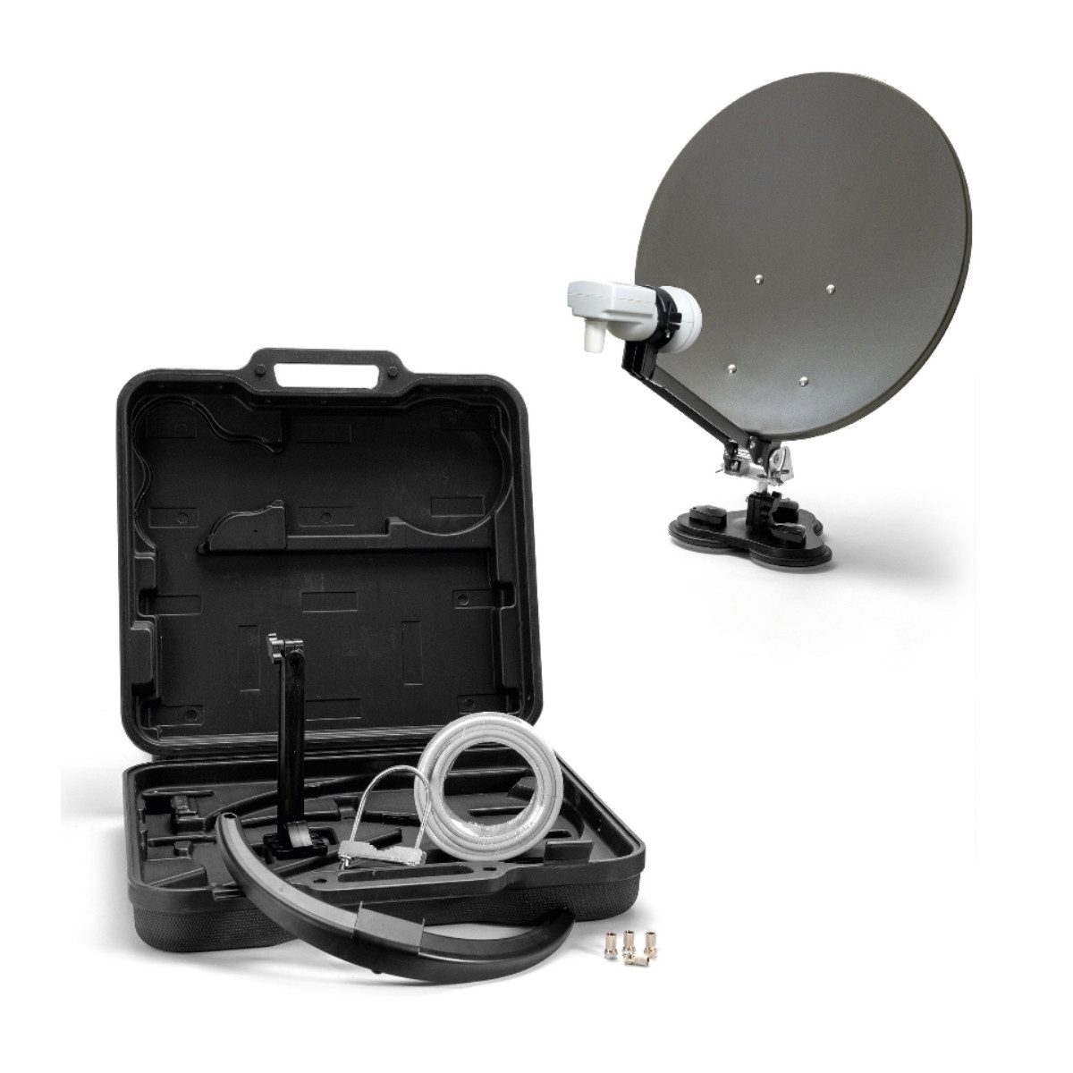 Xoro MCA 38 Camping-Satellitenanlage 38,5 cm mit LNB und Satfinder SAT-Antenne (38,5 cm, Stahl, Mobiles Sat‑Set im Koffer mit 38,5‑cm Spiegel und LNB)