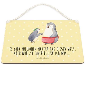 Mr. & Mrs. Panda Hinweisschild Pinguin mit Kind - Gelb Pastell - Geschenk, Muttertag, Schild, Wandde, (1 St)