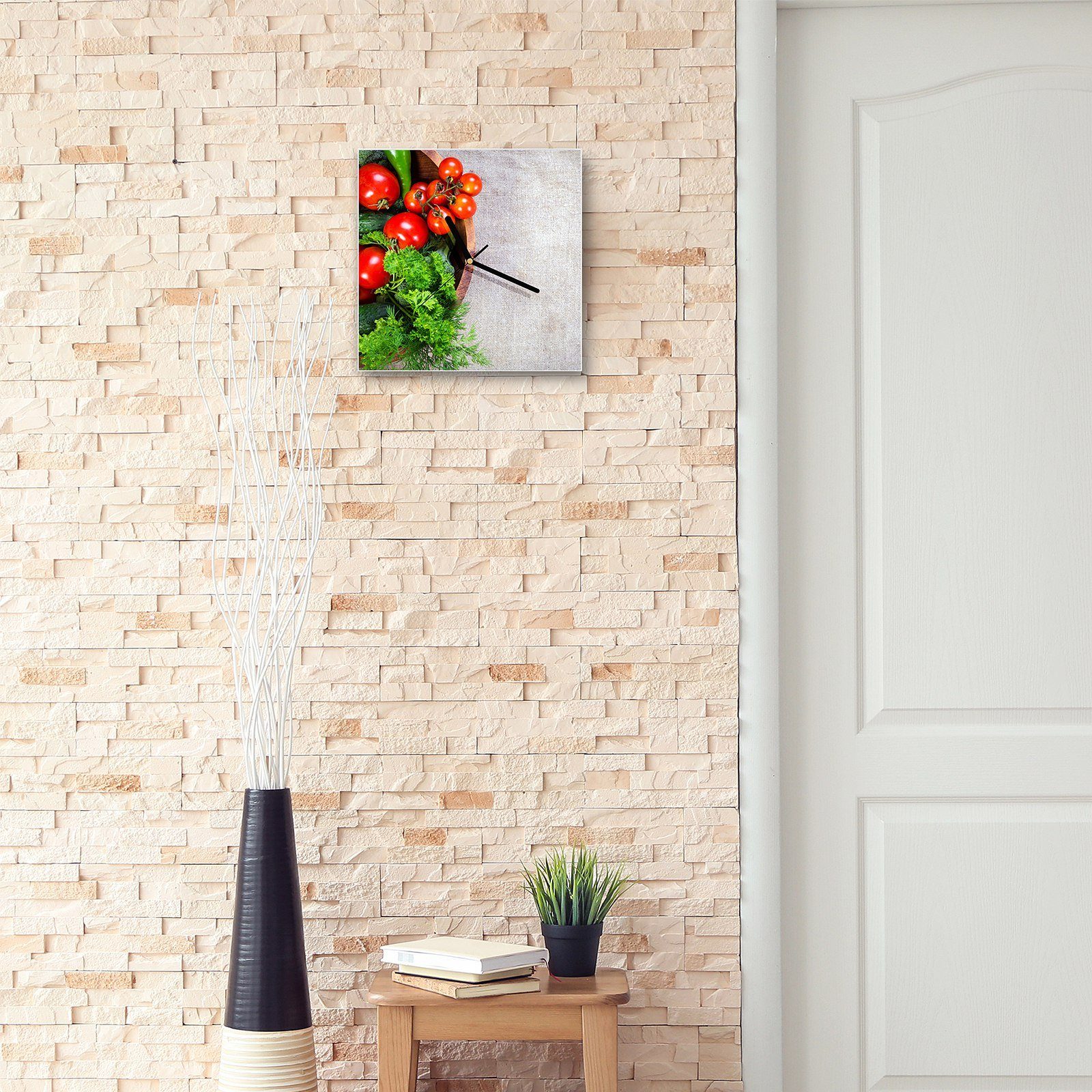 Primedeco Wanduhr Gemüse Größe mit Töpfchen Wanduhr cm Glasuhr x Motiv 30 im 30 Wandkunst