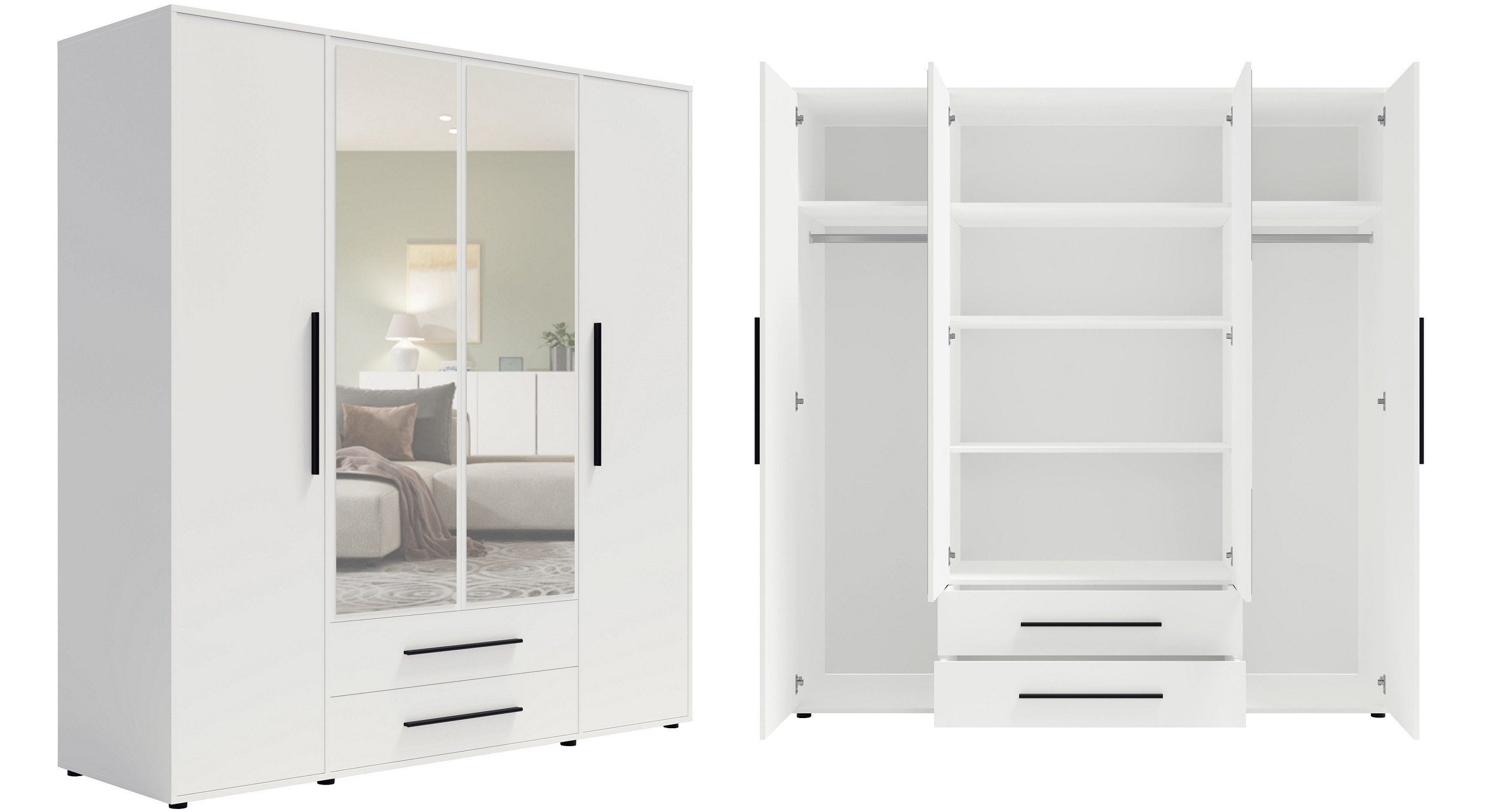 Marmex Möbel Spiegelschrank MAXIONE 13 Drehtürenschrank Kleiderschrank 197,6 x 205,7 x 59 Schubladen, Spiegeltüren ohne Griff – „Push-to-Open“