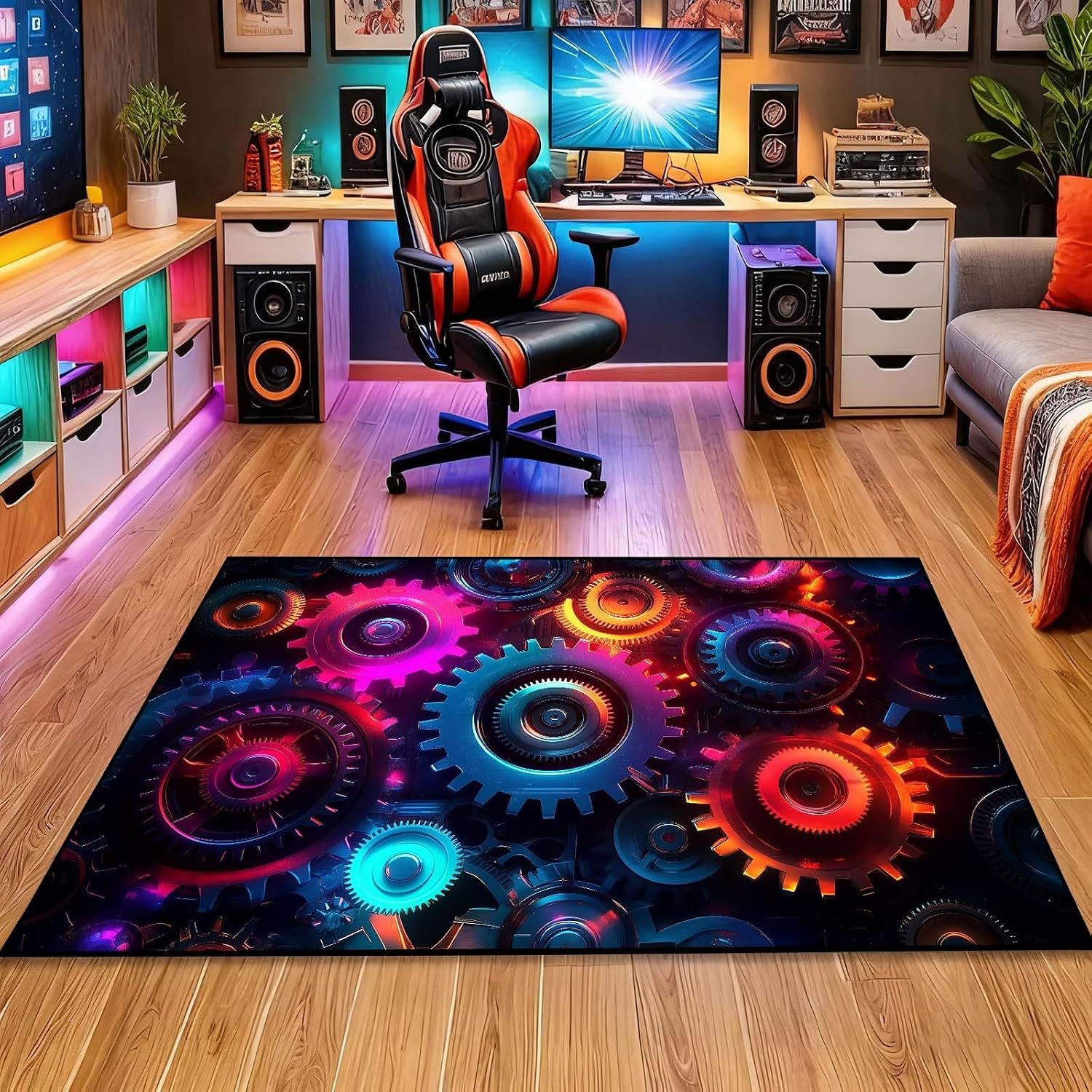 Jumpeak Teppich Cyberpunk-Teppich mit leuchtenden Zahnrädern, Weihnachtsgeschenk, Rechteck, Höhe: 5 mm, Rectangular, 5mm dick, faux cashmere, indoor rug, machin – Bild 2 von 5