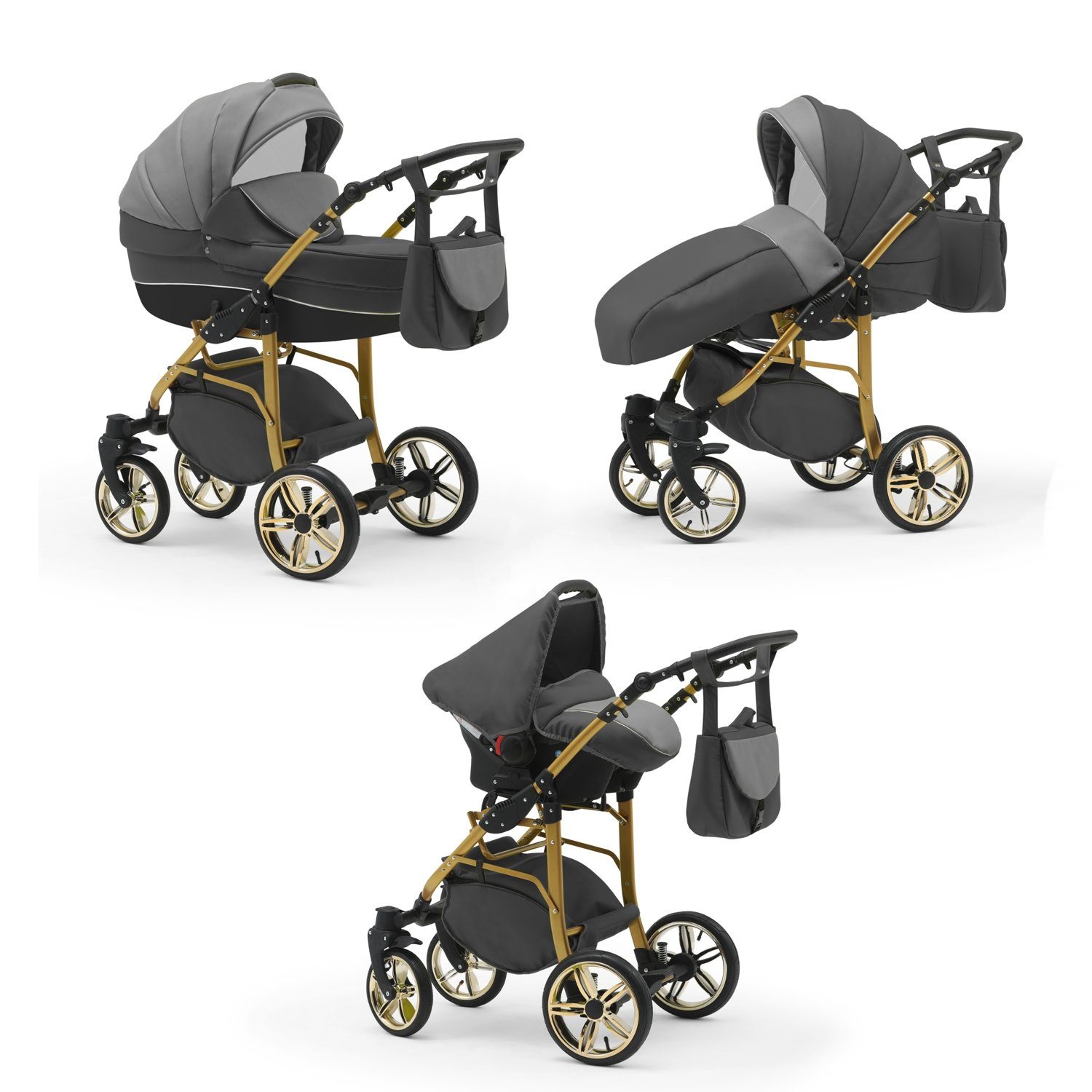 babies-on-wheels Kombi-Kinderwagen 3 in 1 Kinderwagen-Set Cosmo Gold- 16 Teile - in 46 Farben Dunkelgrau-Grau