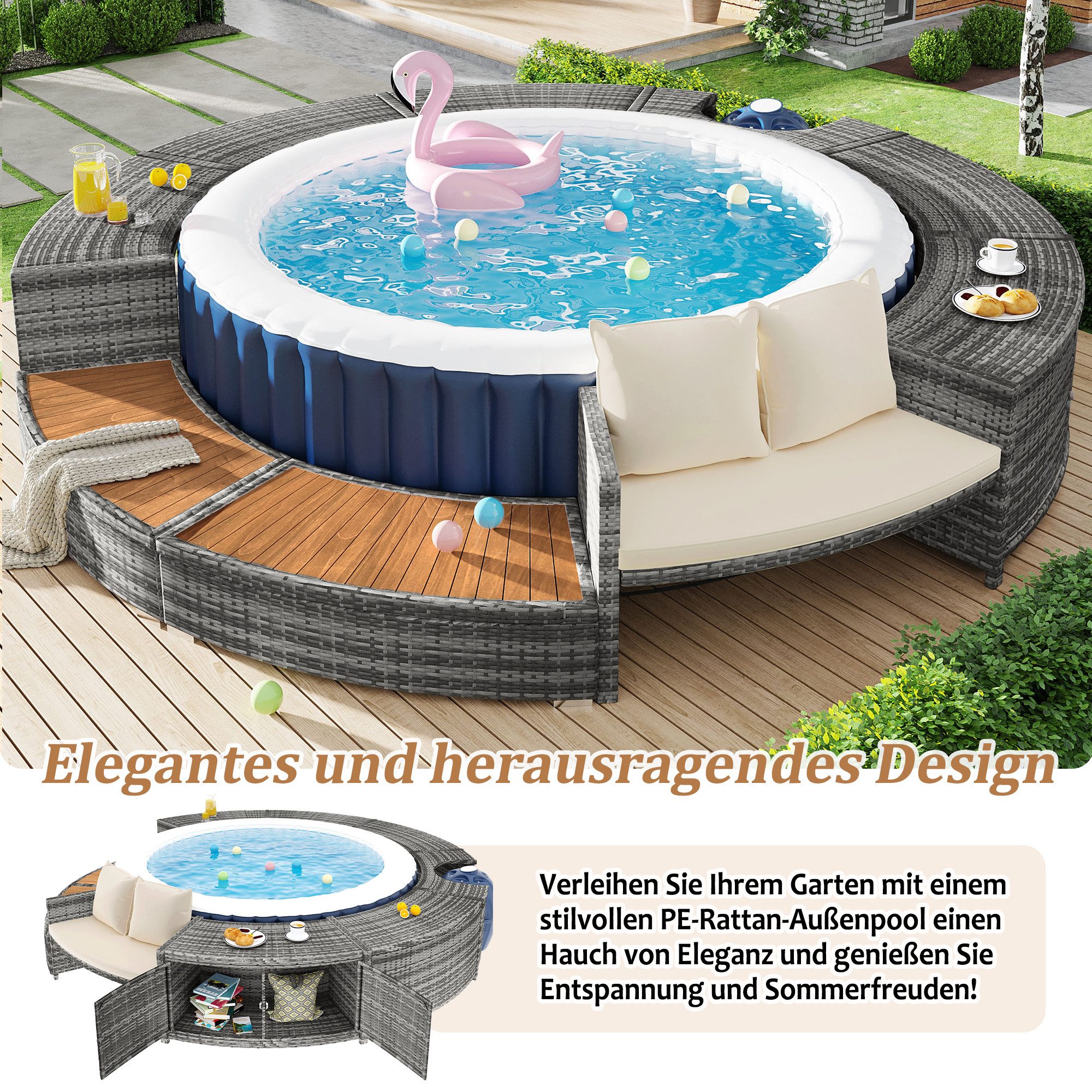 TavilaEcon Gartenlounge-Set mit runder Couch, für Whirlpool und Pool, mit verstellbaren Füßen, inklusive Kissen