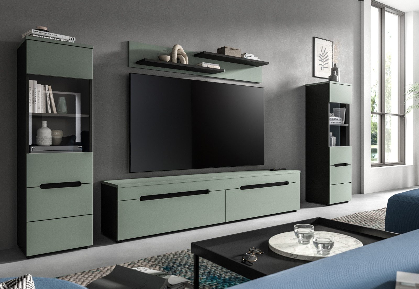 Inn.Furn Wohnwand Cooper, (Schrankwand in Salbei Grün und Basalt Grau, 4-teilig, 270 x 170 cm), hängend oder stehend, Soft-Close-Funktion – Bild 3 von 5