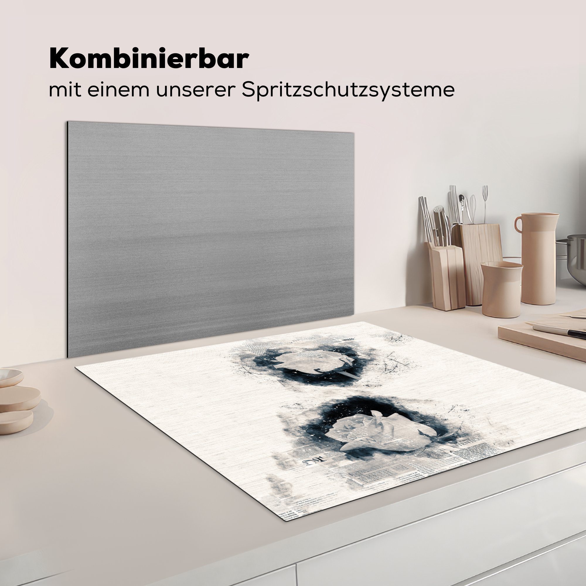 Arbeitsplatte Vinyl, tlg), Rauch küche Zeitungspapier, für cm, (1 Rosen Blumen - 78x78 MuchoWow - - Herdblende-/Abdeckplatte Ceranfeldabdeckung,