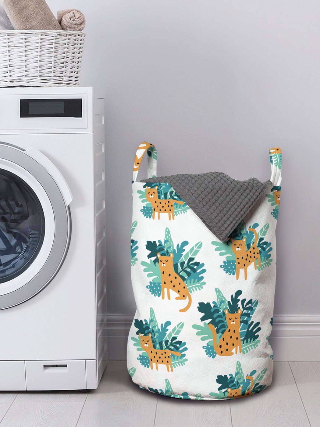 Griffen Waschsalons, Abakuhaus Kordelzugverschluss Muster mit Wäschekorb Greenery Cheetah für Wäschesäckchen Tiere