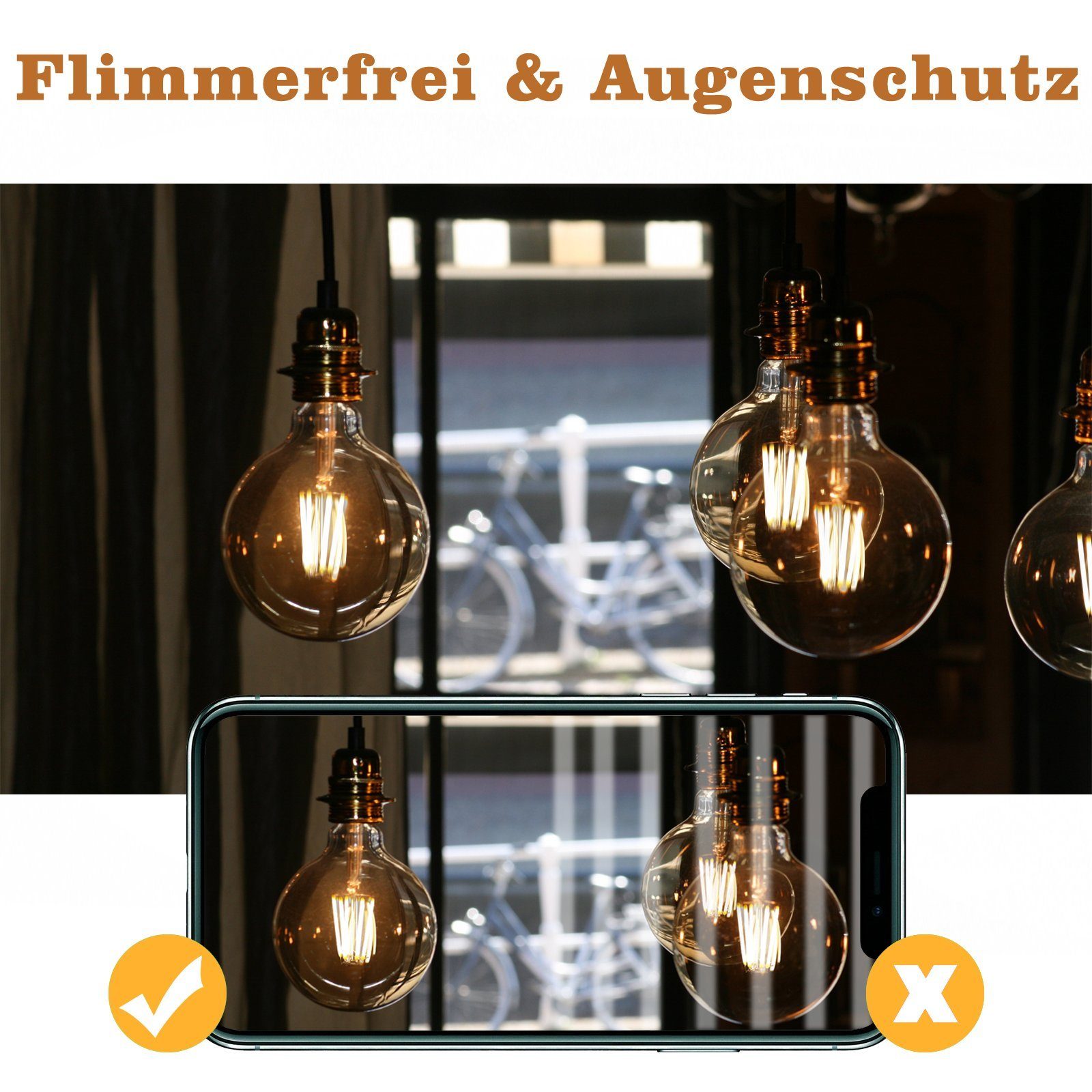 ZMH LED-Leuchtmittel Edison LED Vintage Glühbirne - G80 2700K, E27, 6 St., warmweiß, Filament Retro Glas Birne Energiesparlampe – Bild 5 von 5
