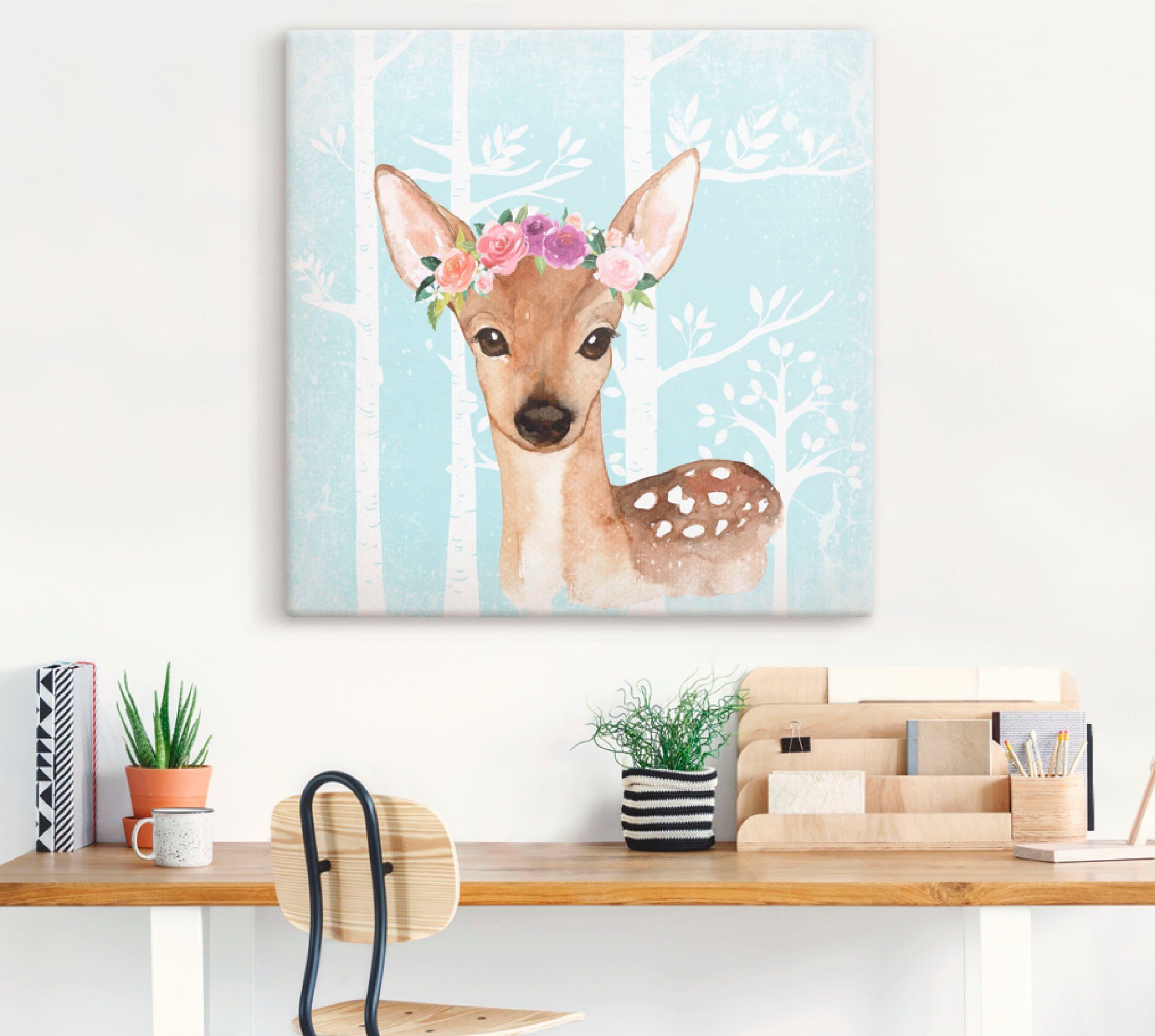 Artland Leinwandbild Wild Reh mit Blumen im blauen Wald, Tiere (1 St), auf Holzrahmen gespannt