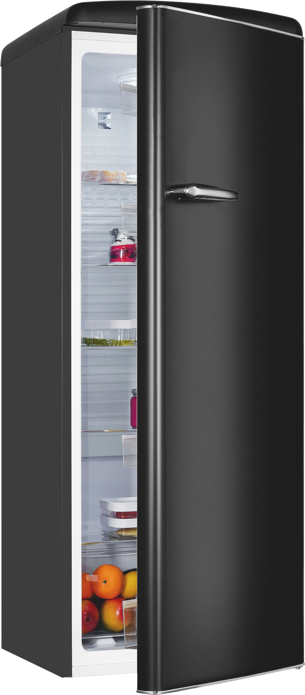 exquisit Kühlschrank RKS325-V-H-160C mattschwarz, 146,5 cm hoch, 54,5 cm breit, LED-Beleuchtung, verstellbare Glasböden, Retro-Design