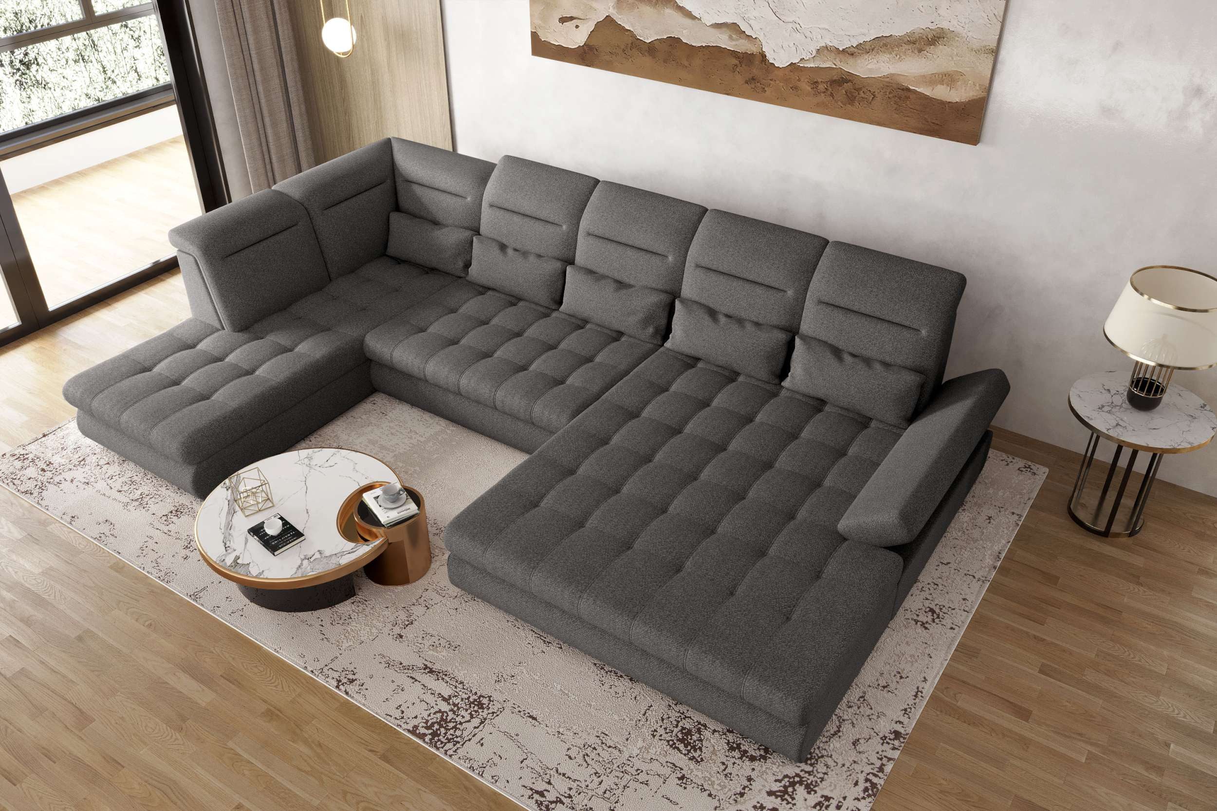 99rooms Wohnlandschaft Toscana, Sofa, U-Form, Bettfunktion, Rundumbezug aus gepolstertem Velours VOGUE