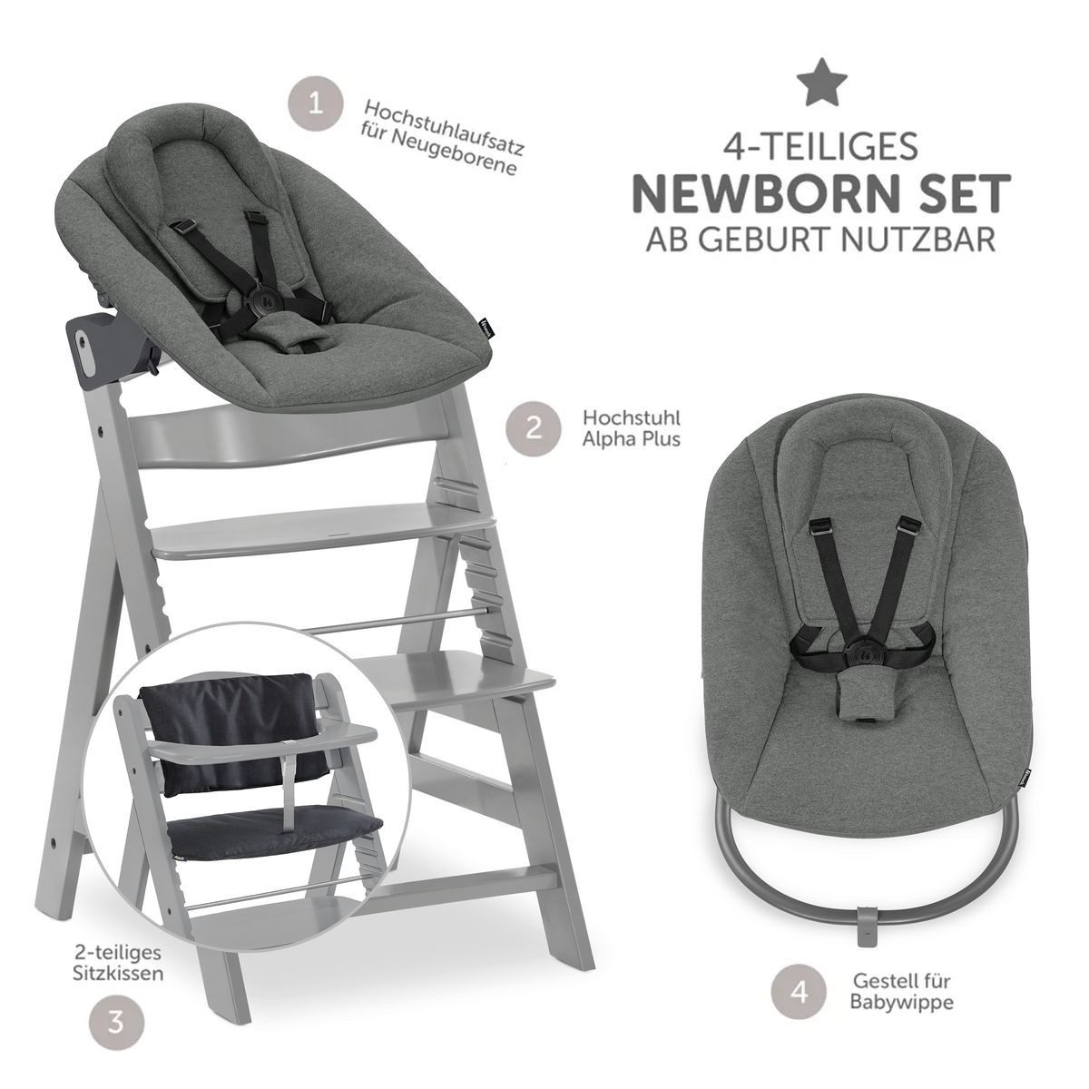Hauck Hochstuhl Alpha Plus Grey Newborn Set, Holz Babystuhl ab Geburt inkl. günstig online kaufen
