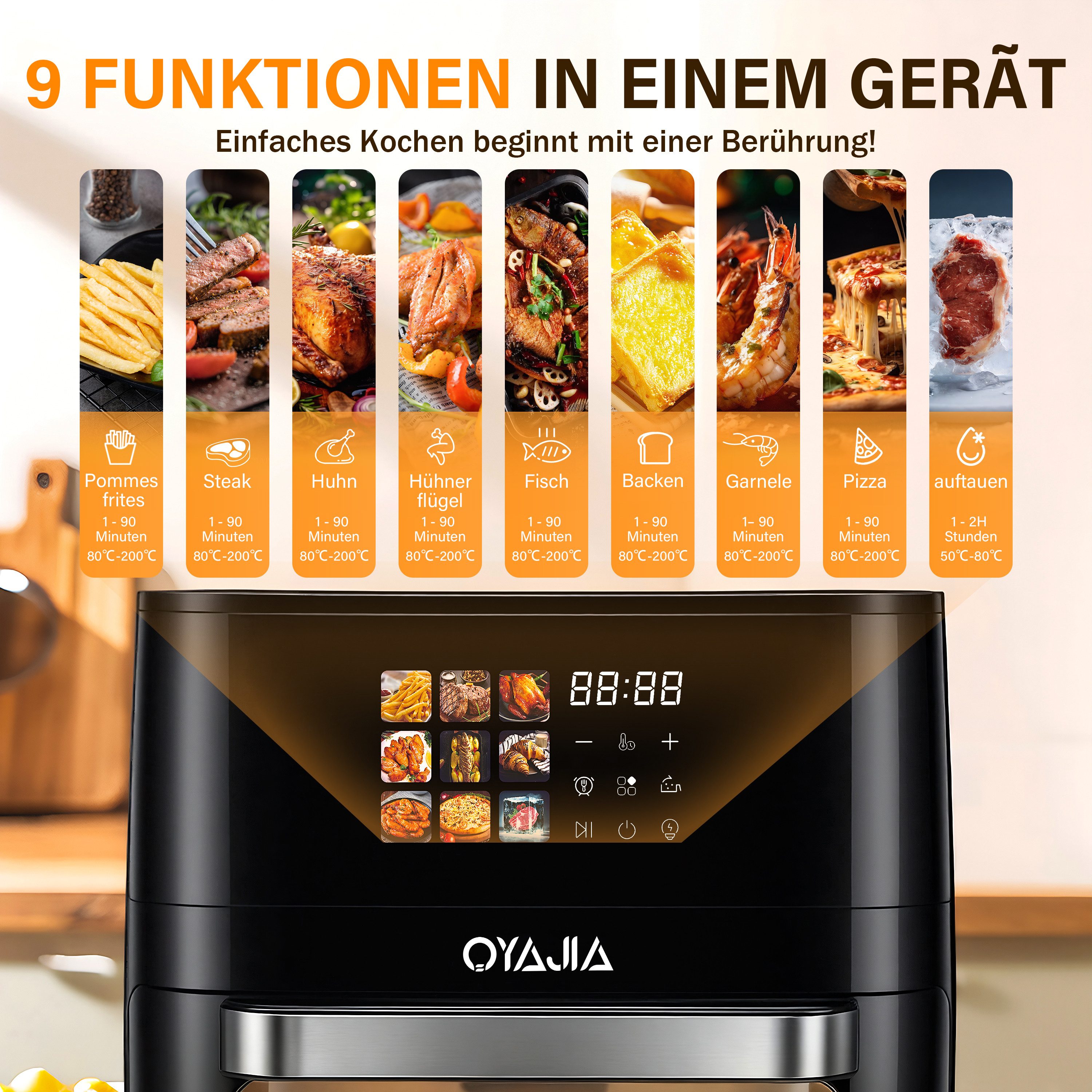 oyajia Heißluftfritteuse Multifunktionsofen 15L, Backofen Umluft, Grill, Dörrautomat, Air Fryer, 2000 W, XXL Fritteuse ohne Öl mit Zubehör für Pizza, Hähnchen, Pommes uvm.