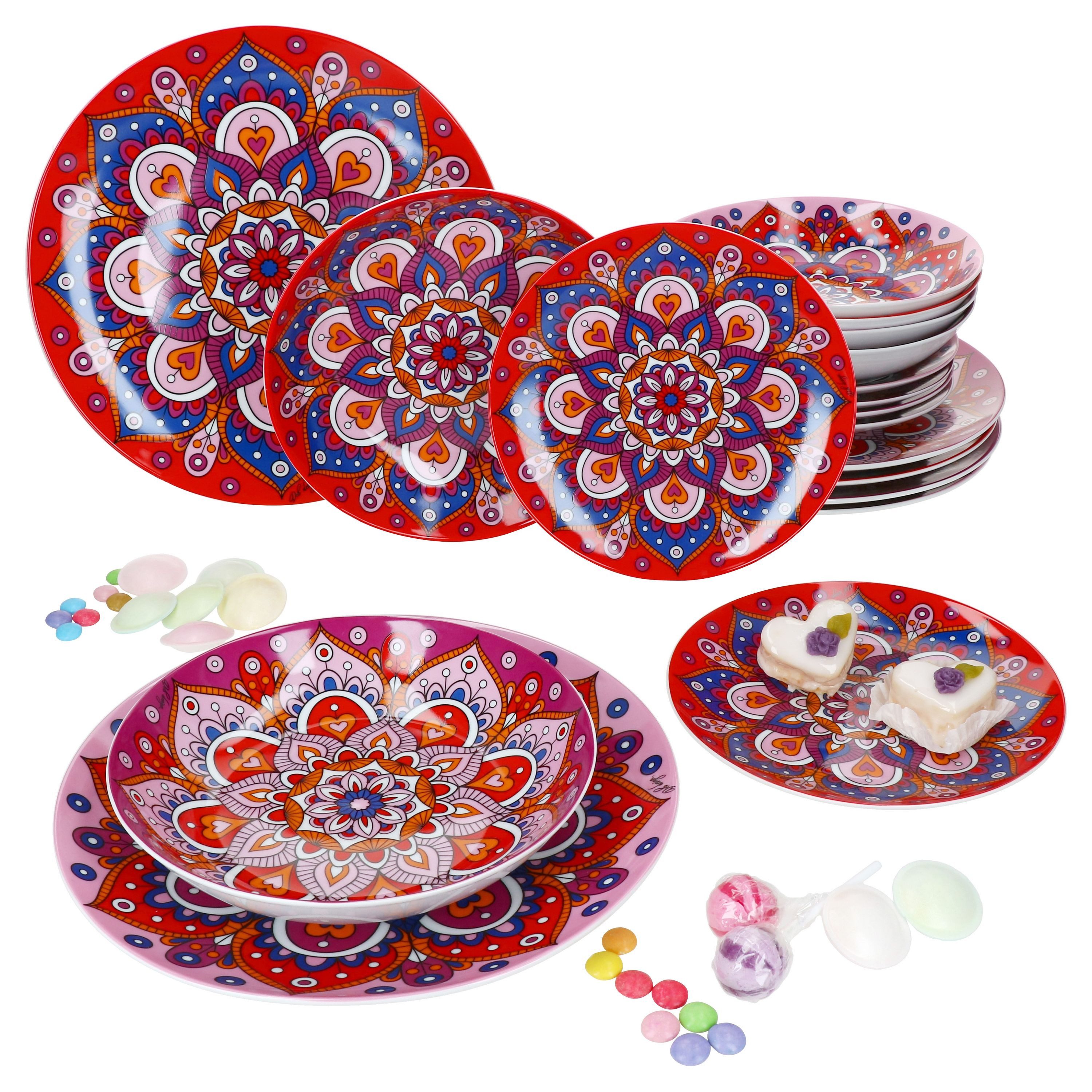 MamboCat Teller-Set 18tlg Tellerset Bayram Rosa Rot 6 Pers Essteller Suppenteller Teller, Steingut